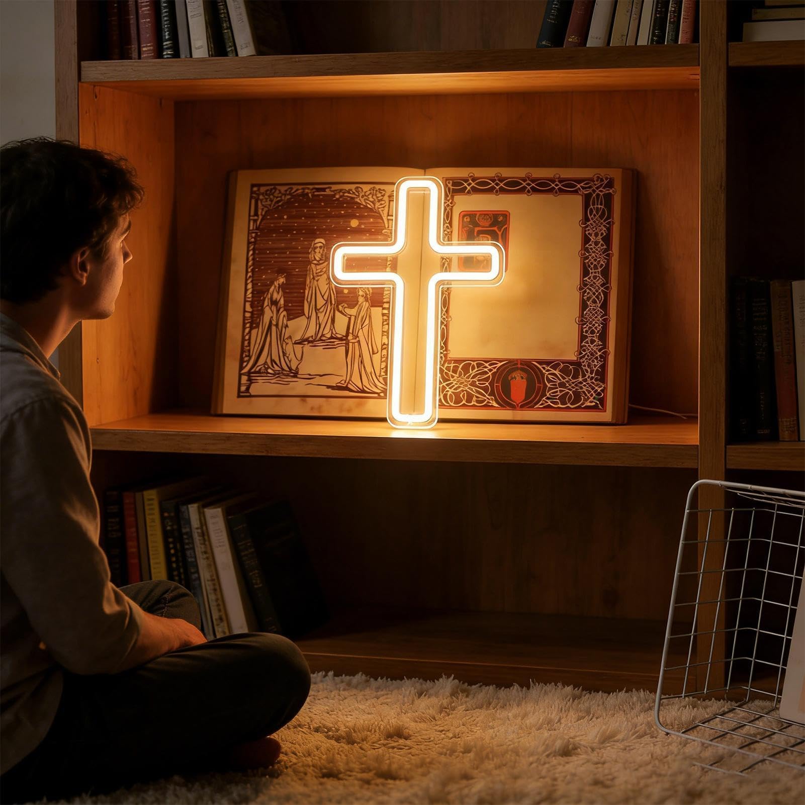 Neon - Catholic Christian Crucifix Illuminated Indoor Decoration Lamp | Wall Mounted LED Panel for Owners | Home Apartment Living Room Bedroom Office Entrance Bar Gathering