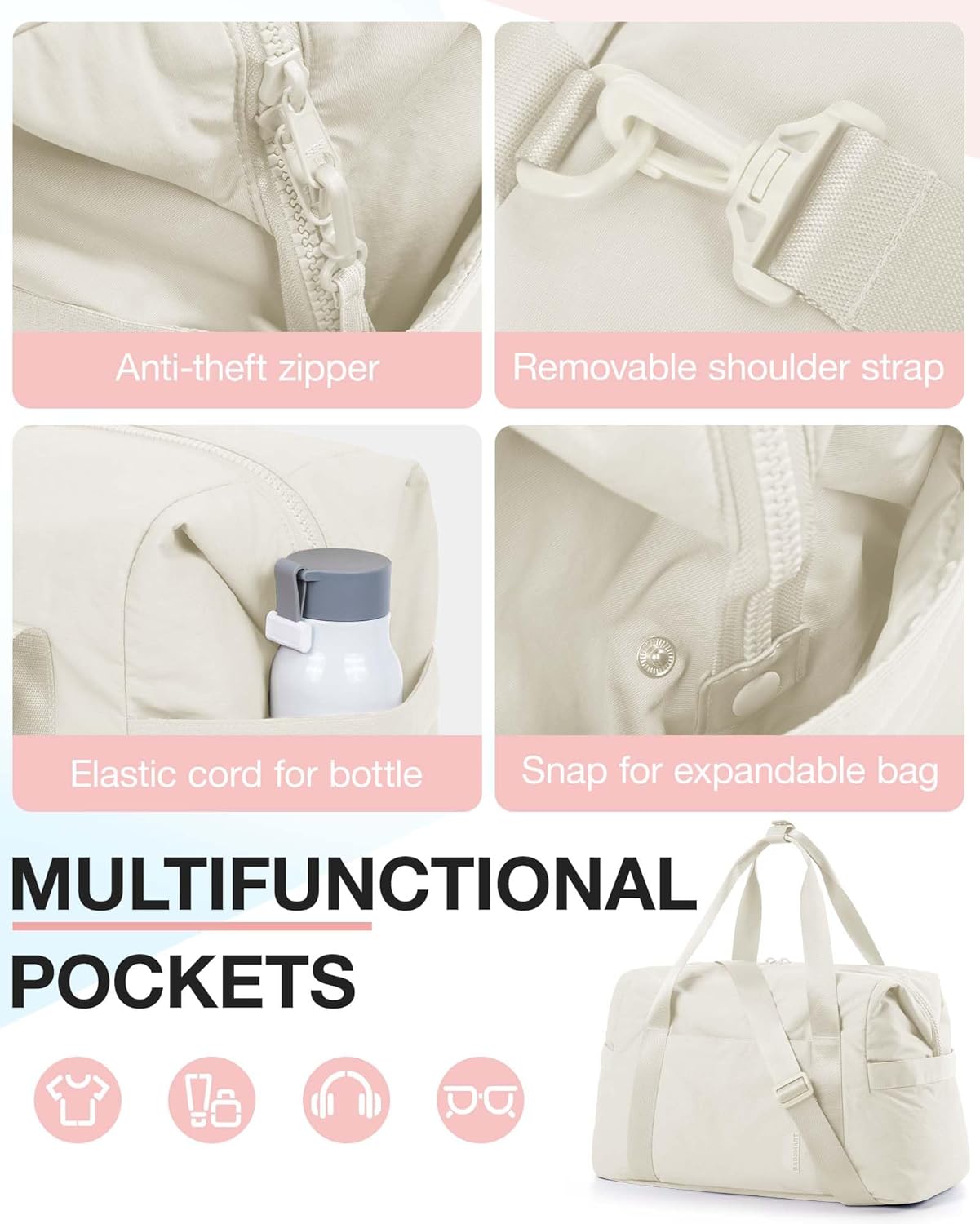 BAGSMART BAGSMART Gym Bag for Women, Carry on Weekender Overnight Bag, Travel Duffel Bags with Trolley Sleeve, Personal Item Travel Bag Tote Bag Workout Dance Bag(Light Beige-Large) - Image 5