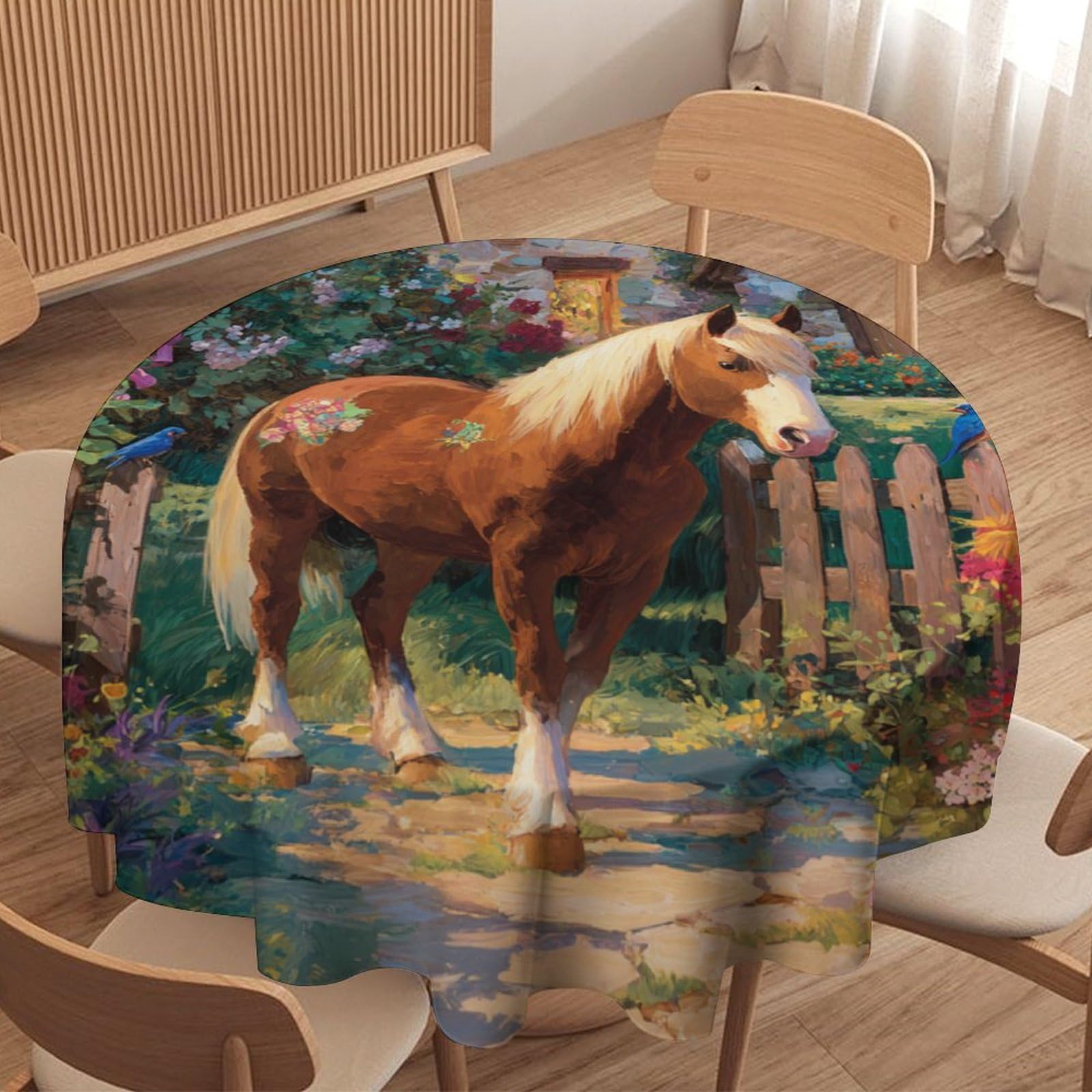 LUYYSKY Vintage Realistic Horse Round Tablecloth Retro Colorful Spring Garden Plants Floral Animals Birds Pattern Washable Decor for Table Cover for Kitchen-70 Wx70 L