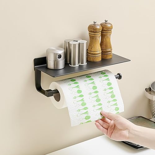 Miniatura 2 de Soporte de pared para toallas de papel, para baño, toallero de mano para baño, soporte para toallas de papel negro con estante (negro mate)