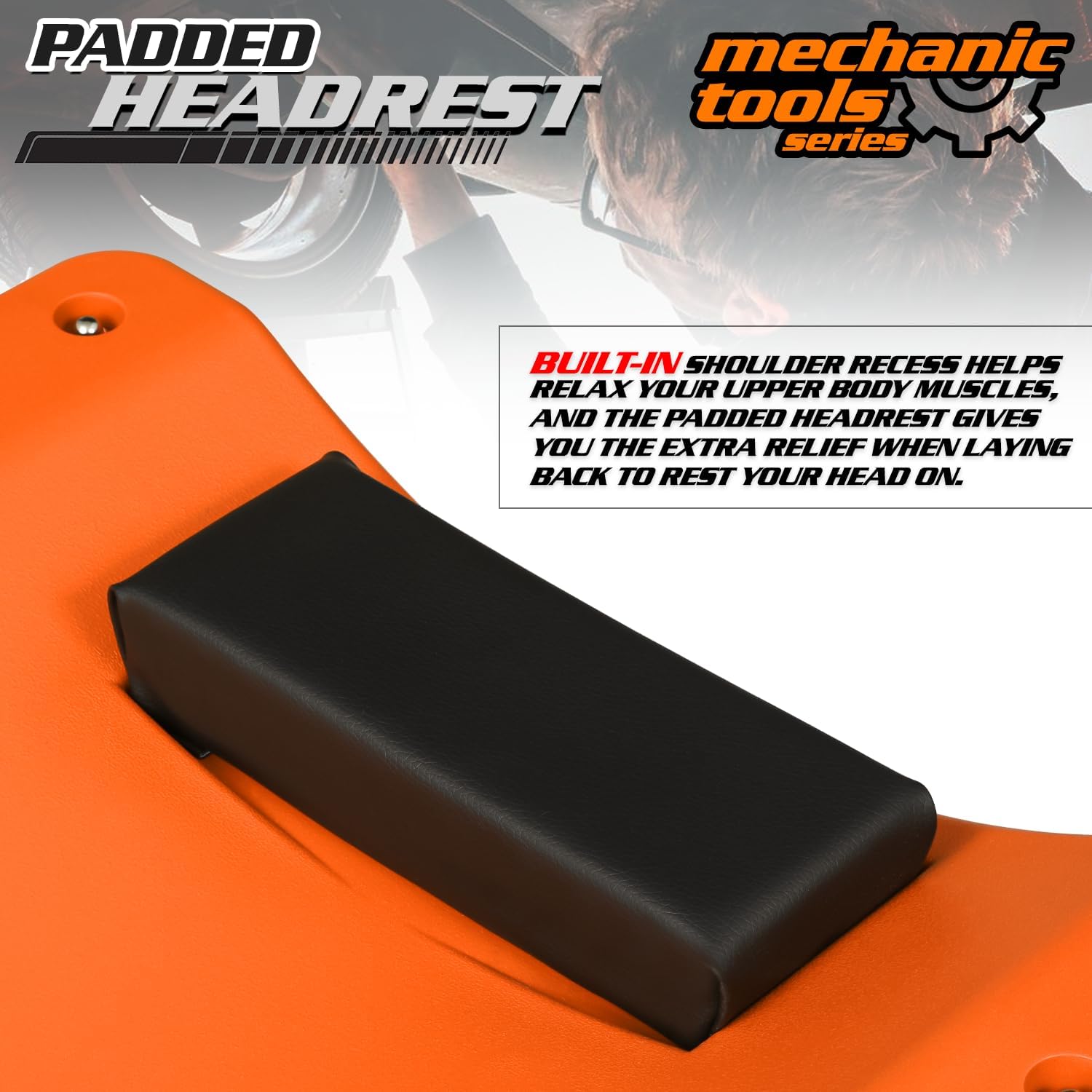 M-AUTO 36" Mechanic Rolling Garage Creeper with Padded Headrest Light Weight Automotive Creeper Mechanic Cart with Dual Tool Trays and Noiseless Casters, Orange