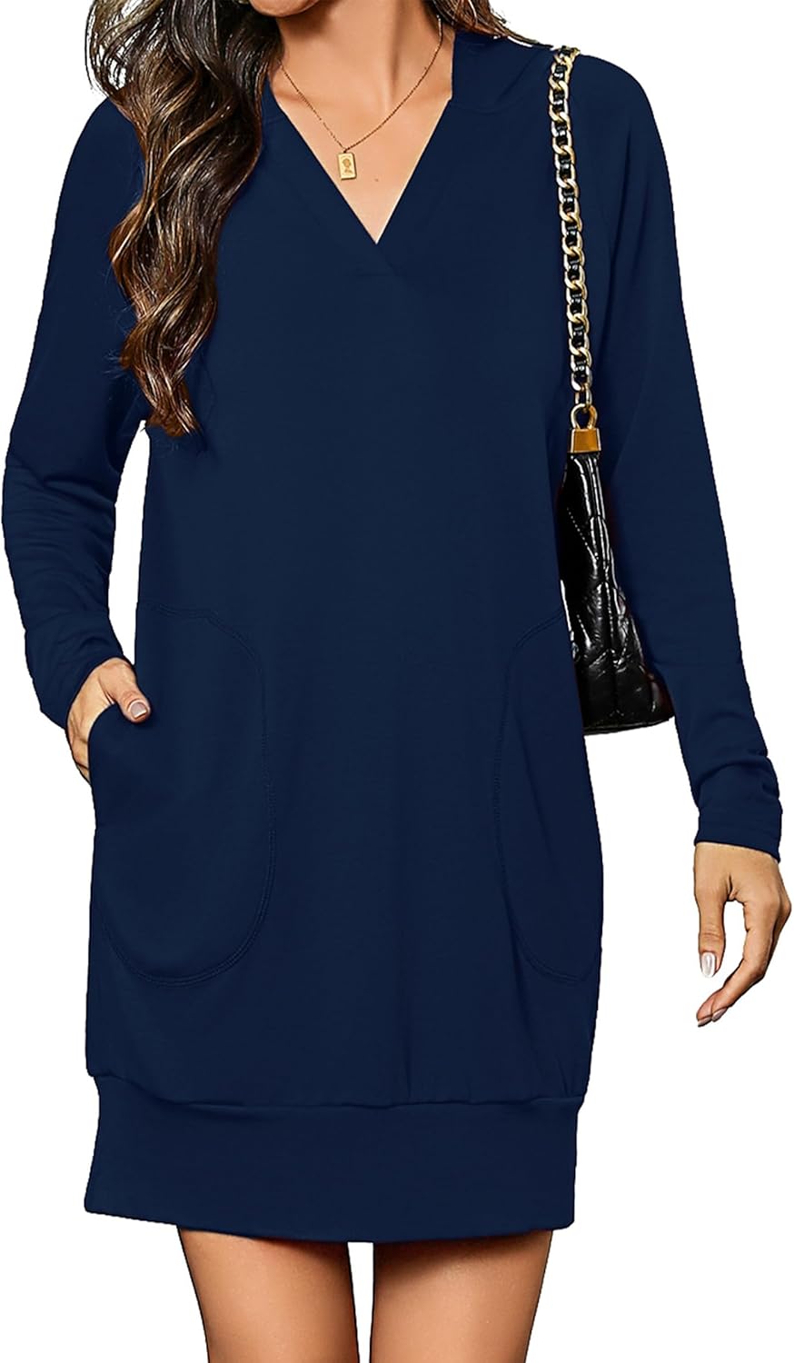 Totatuit Women Oversized Hoodies Dress Casual Long Sleeve V-Neck Hooded Sweatshirt Dress with Pockets 2025 Fall Outfits