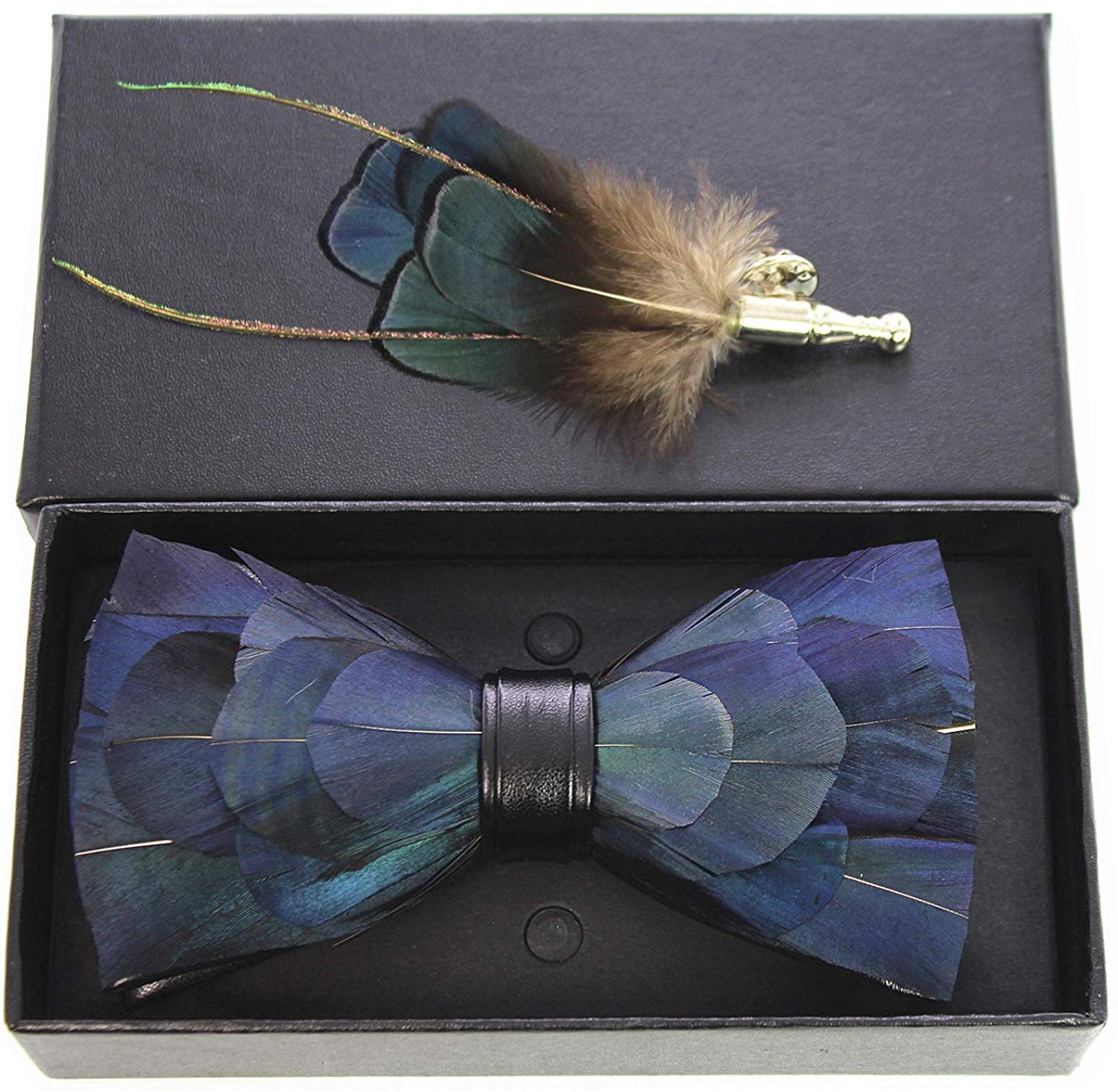 Feather Bow Tie Peacock Pre-tied Bow tie Brooch Sets Tuxedo Banquet Necktie