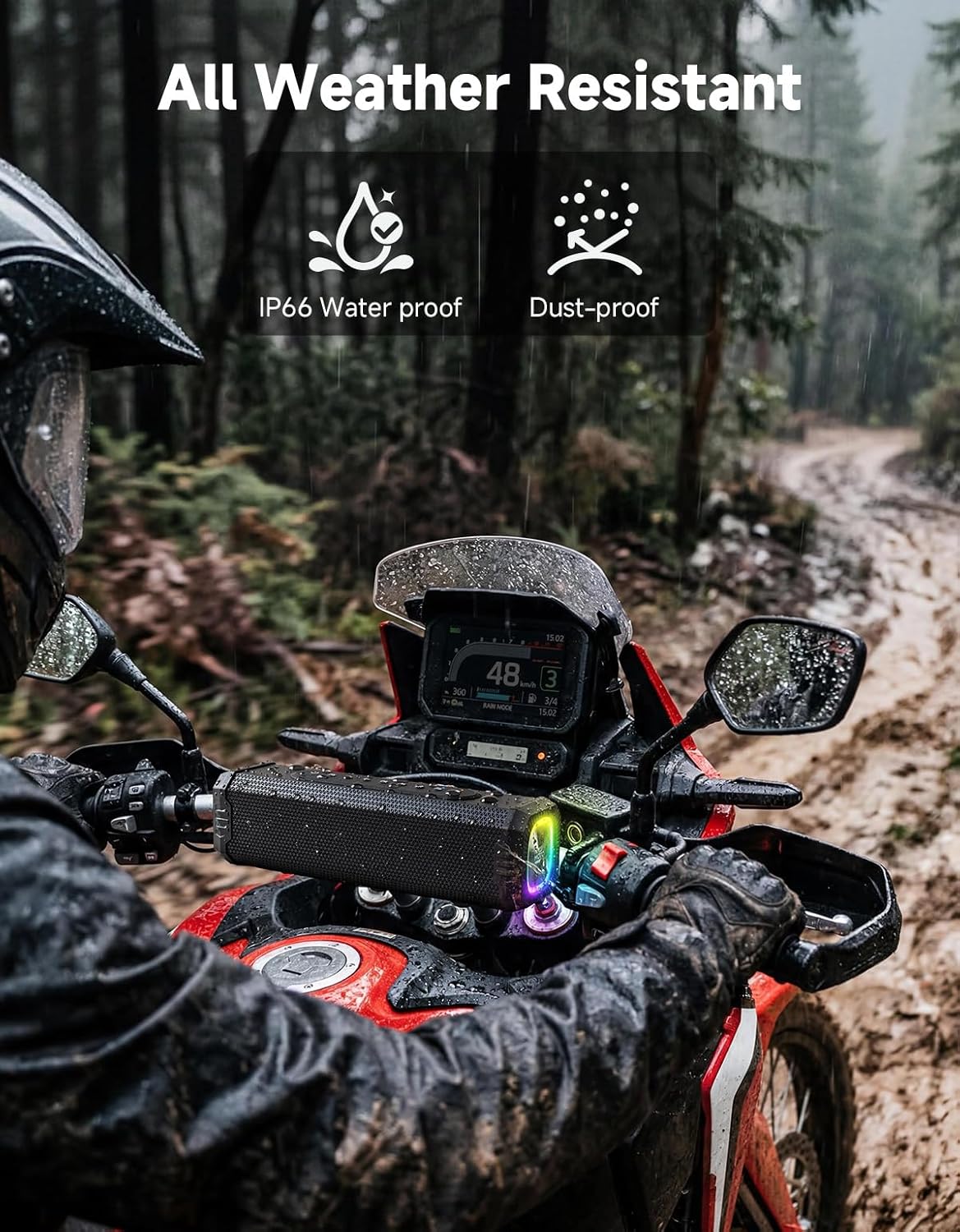 KEMIMOTO Motorcycle Speakers Bluetooth-Compatible Sound Bar, Handlebar Speaker with RGB Lights, IP66 Waterproof Motorcycle Audio System, Loud Stereo Bass for Highway Riding