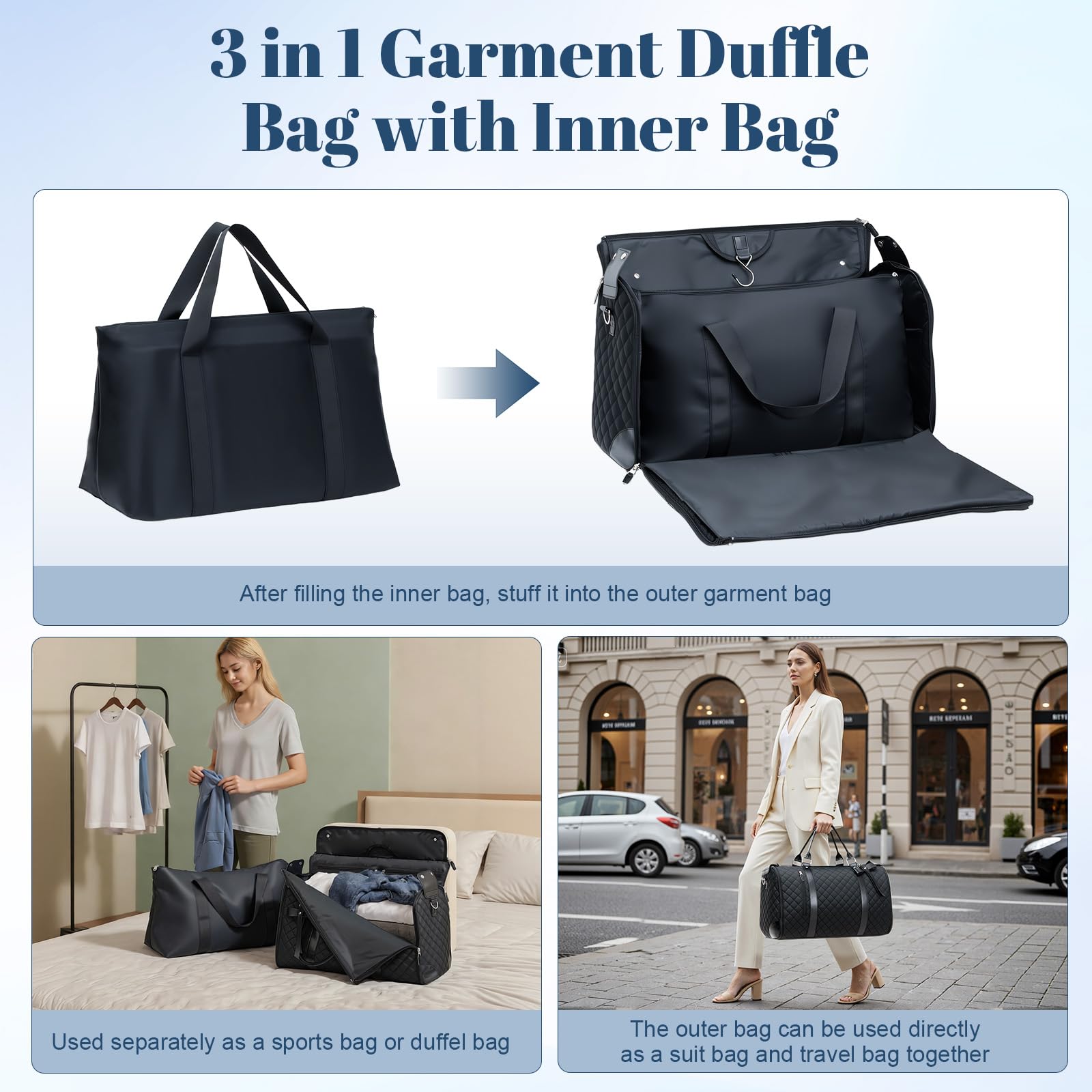 GARPROVM Anzugtasche Reisetasche für Damen, 3 in 1 Umwandelbar Kleidertaschen 2 Säcke Design mit Abnehmbar Handgepäck, Wasserdicht Wochenende Kleidersack Tasche für knitterfreie Reise (Schwarz)