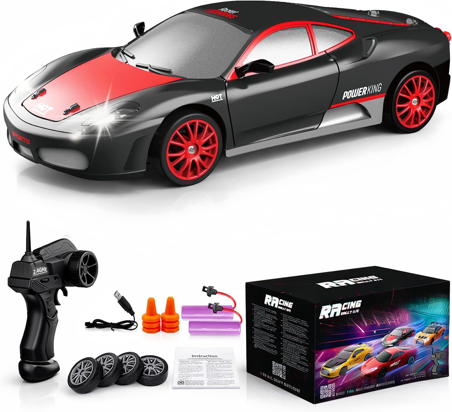 Remote Control Car RC Drift Car 2.4GHz 1:24 Scale 4WD 15KM/H High Speed Model Vehicle with LED Lights Drifting Tire Racing Sport Toy Car for Adults Boys Girls Kids Gift 2Pcs Rechargeable Batteries