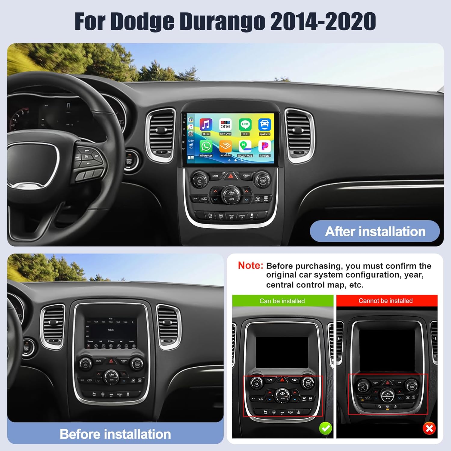 Before and after installation of the car stereo in a Dodge Durango