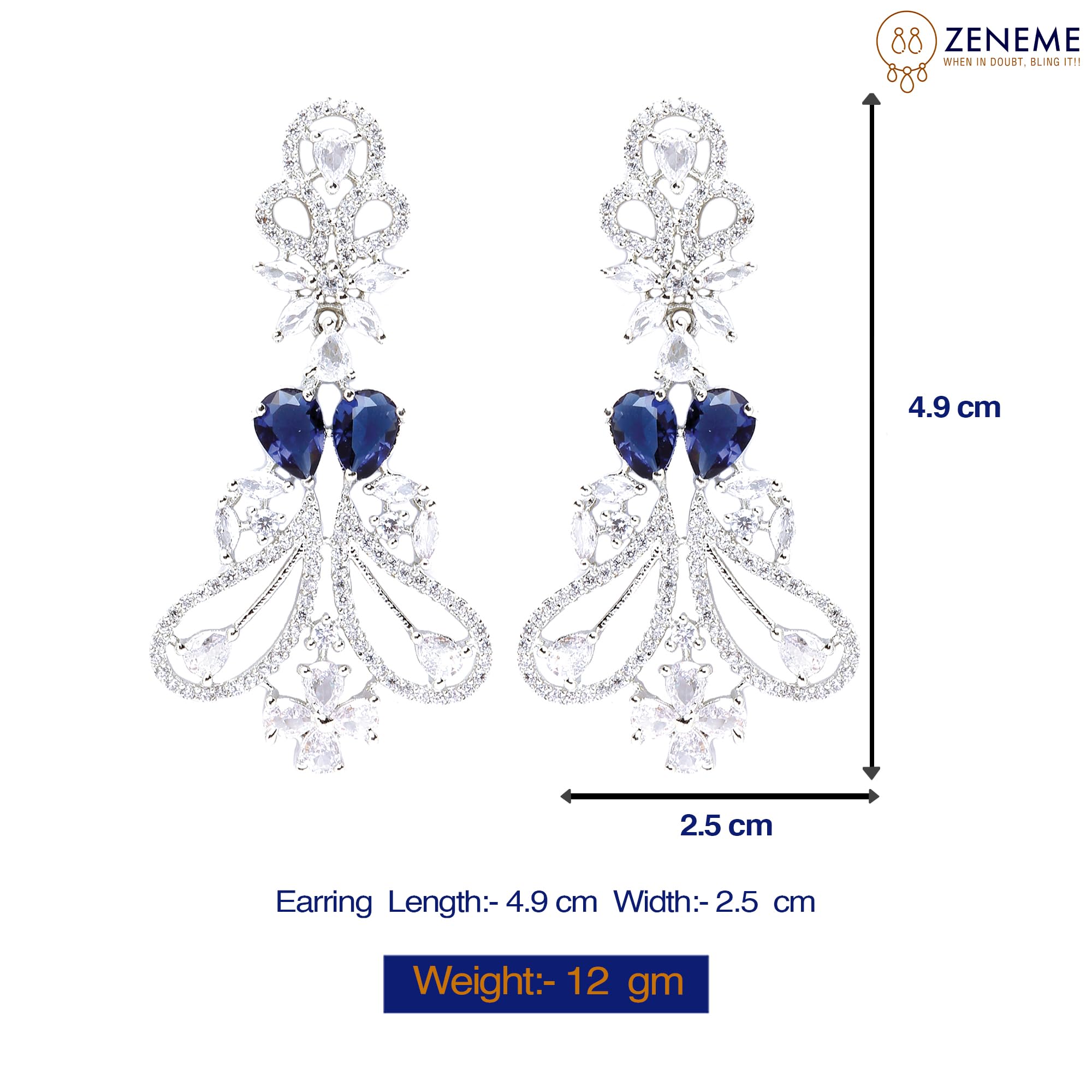Rhodium-Plated Drop Earrings with American Diamonds