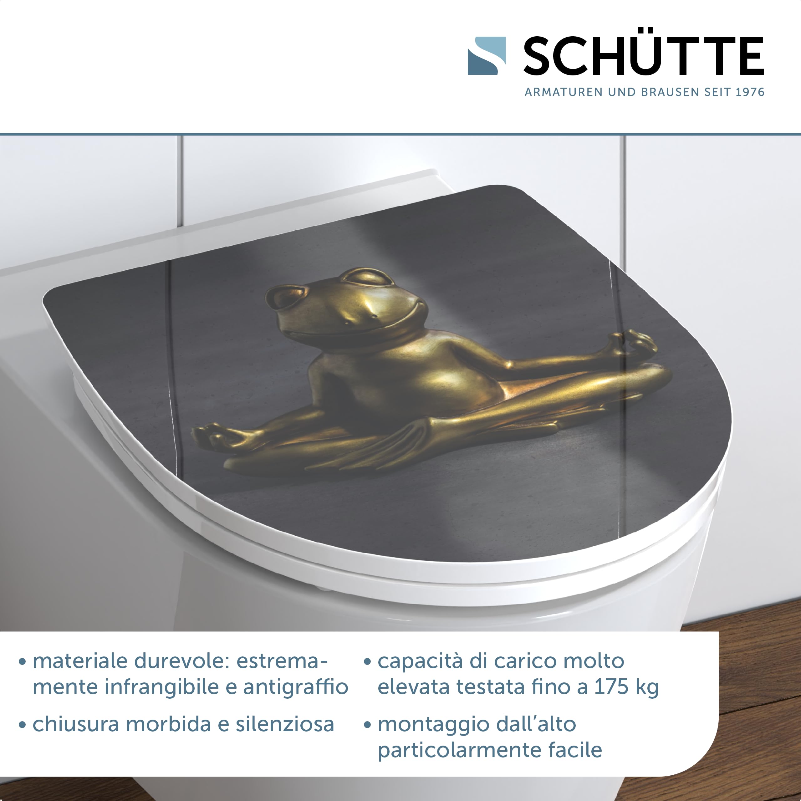 SCHÜTTE 82581 - Sedile WC in Duroplast High Gloss, con abbassamento automatico e chiusura rapida, motivo rana