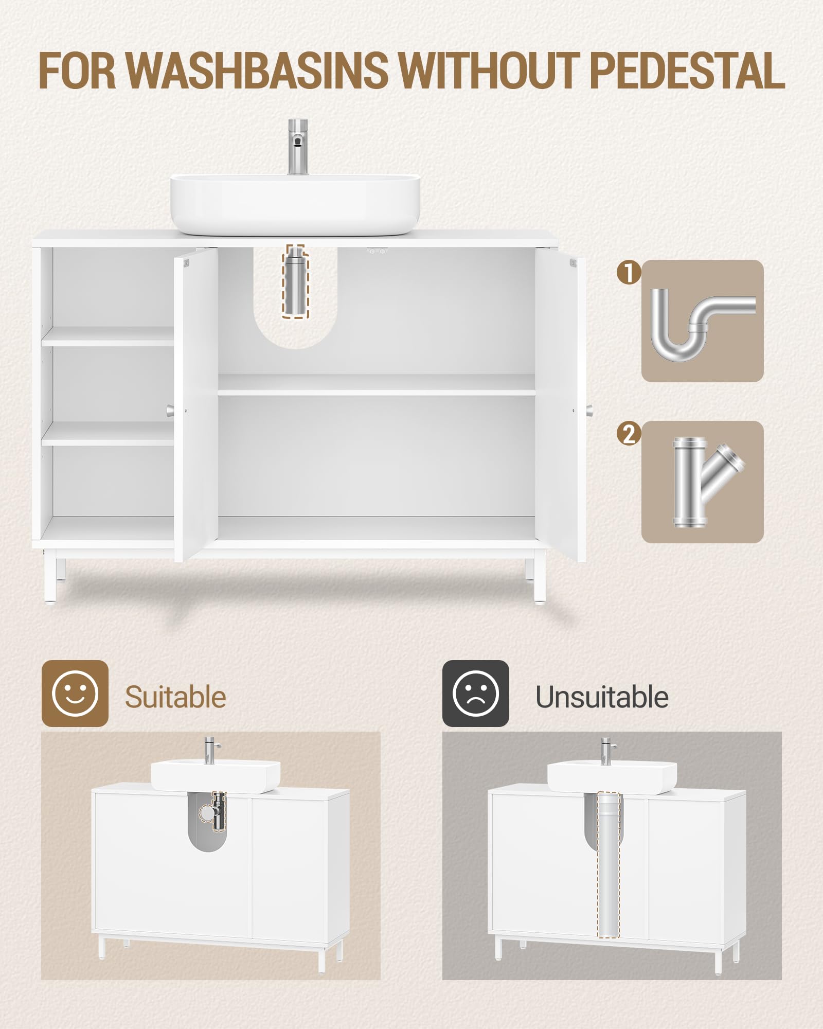 Hzuaneri Mobile Sottolavabo per Bagno, Mobiletto da Bagno, con 2 Ante 2 Scompartimenti, Scomparto Regolabile, Ampio Spazio di Archiviazione, Stile Moderno, 30 x 90 x 63 cm, Bianco BC09803W