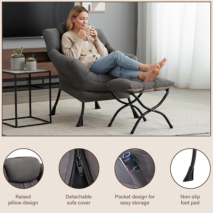 Sillón Lounge con Puf Reposapiés, Moderno, Gris Oscuro miniatura 4