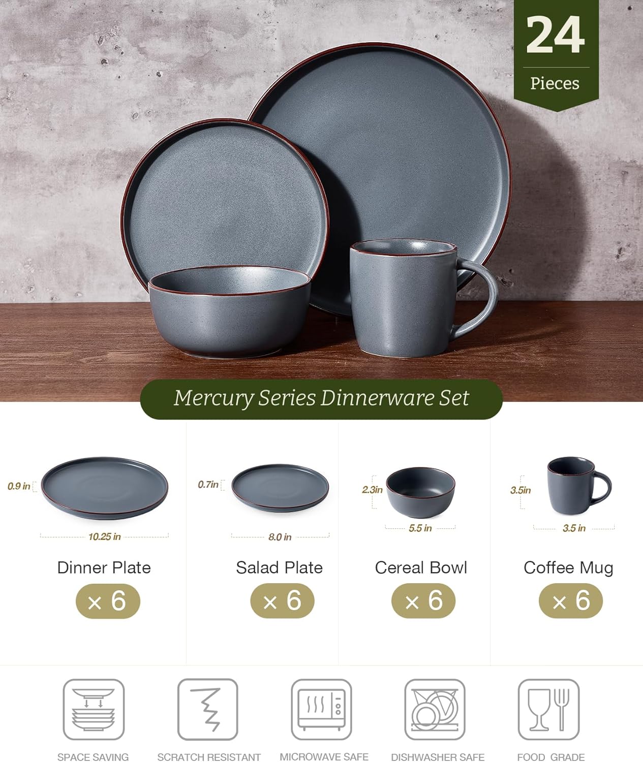 Famiware Mercury Dinnerware Sets with Mugs, Service for 6 (24 Pieces), Stoneware Plates and Bowls Sets, Microwave and Dishwasher Safe Dishes Set, Charcoal - Image 2