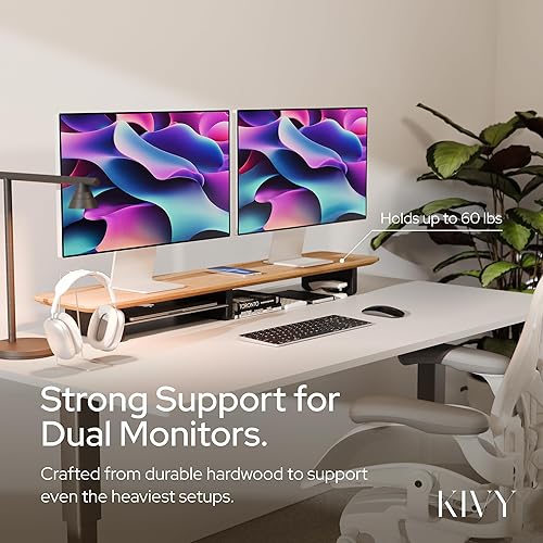 Miniatura 6 de KIVY Elevador de monitor doble con estante de metal integrado hecho a mano, estante de escritorio de madera para 2 monitores, soporte largo ancho