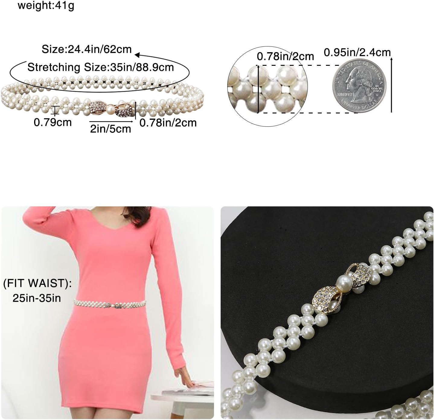 HSQYJ Pearl Elastic Chain Belt Adjustable Stretchy Metal Crystal Flower Buckle Waist Belt Western Body Jewelry for Women Girl - Image 3
