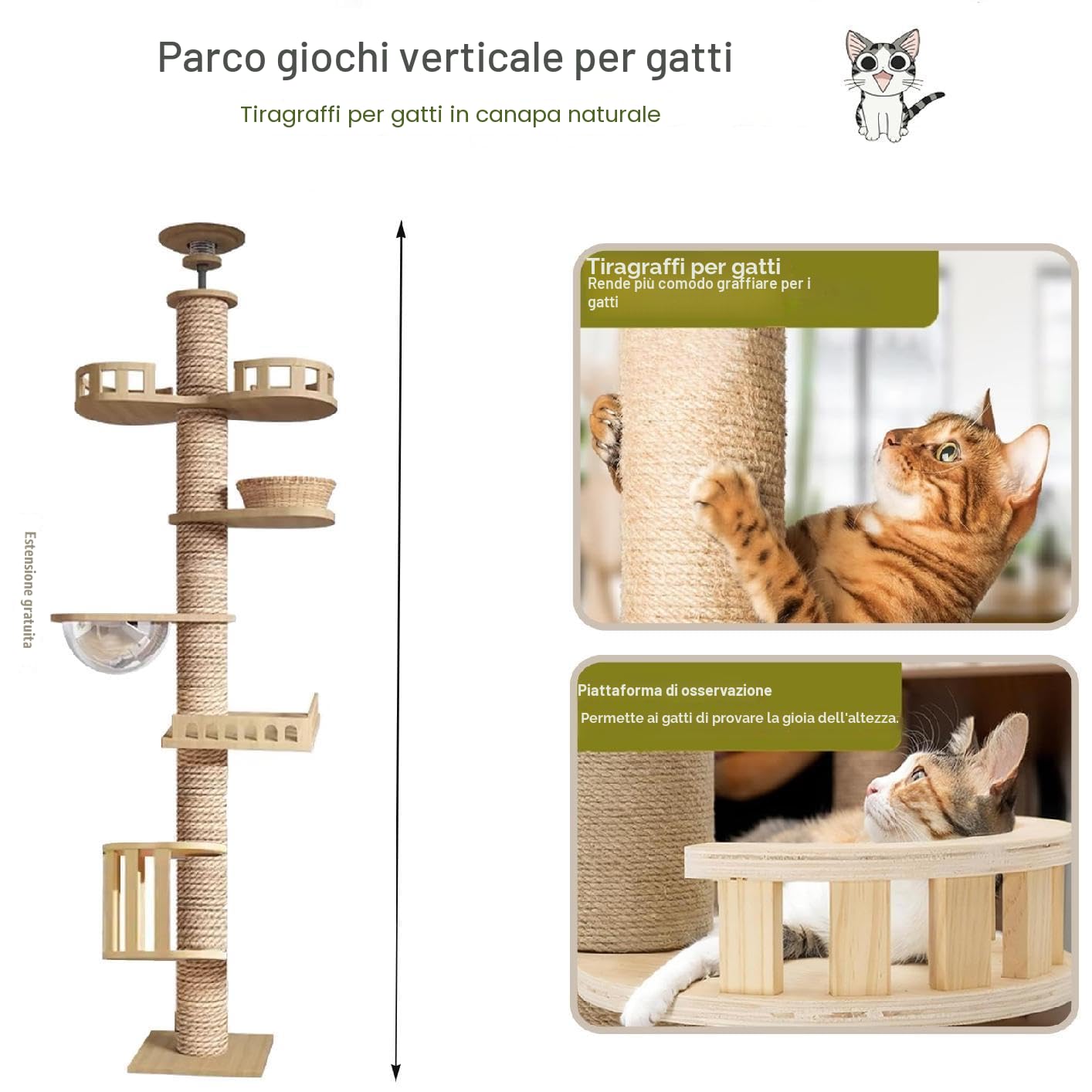 Tiragraffi a soffitto, tiragraffi alto, capsula stanza, amaca per gatti, completamente avvolta in corda di sisal, capsula per stanza, gabbia per gatti (240~280 cm T03), altezza del soffitto