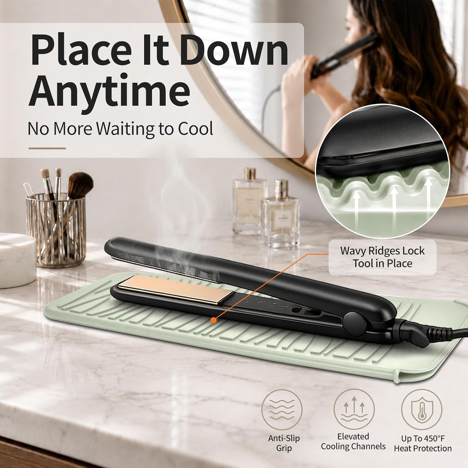 Silicone Heat Resistant Mat, Protects Surfaces from Heat Damage, Provides Slip Resistance, and Offers Multipurpose Storage for Hot Hair Styling Tools (1 Pack, Beige) image 3