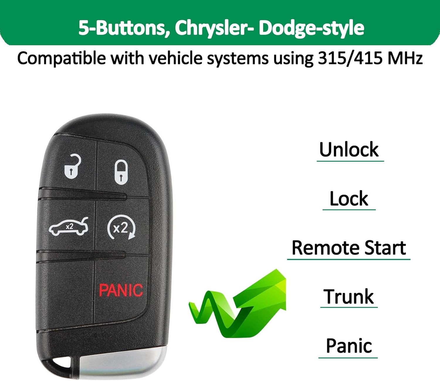 Autel IKEYCR5TPR Programmable 5-Button Smart Key for Chrysler Dodge, Green Plastic Fob, Compatible with Passenger Car, Ultra-Long Range (40m/130ft), 315/415MHz, Includes Rescue Blade