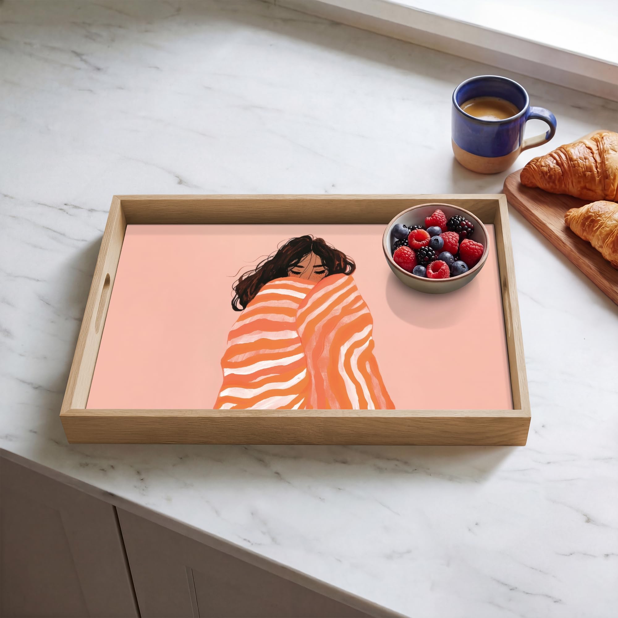 Bandejas para Servir Comida Rectangular 50x35 cm Bandeja Desayuno Cafe Tabuleiro Resistente A Los Arañazos Antideslizante Cocina Niña - Manta - Rayas - Naranja