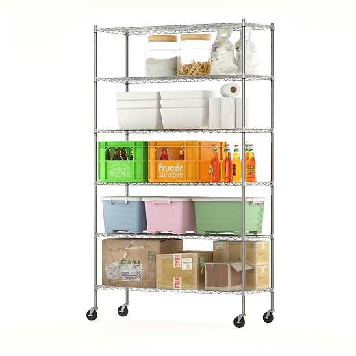 Furinno WAYAR Wire Storage Shelving, 6-Tier Adjustable Steel Wire Storage Shelf, Heavy Duty Standing Storage Shelf, 48 x 18 x 82, for Garage, Kitchen, Chrome