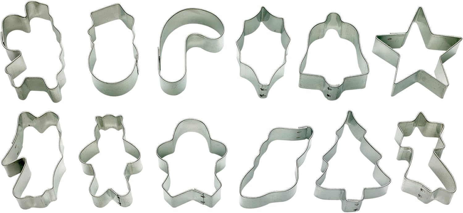 Mrs. Anderson’s Baking Cookie and Fondant Cutters, Mini Holiday Shapes, 12-Piece Set with Storage Tin