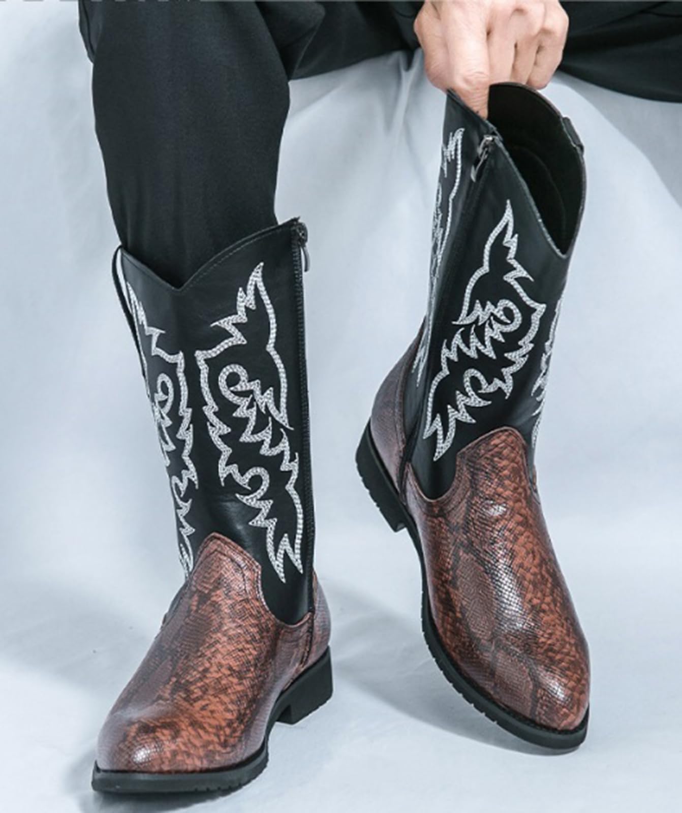 Stivali da Cowboy Uomo Stile Western Stampa Serpente Pelle | Sintetica Ricamati Stivaletti con Cerniera Laterale Suola in Gomma