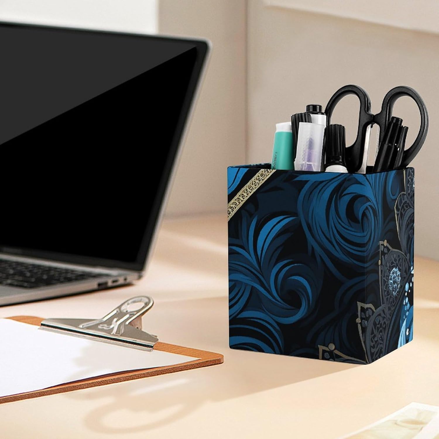 Blue And Black Pattern Leather Pen Holder for Office, Modern Pencil Holder image 5