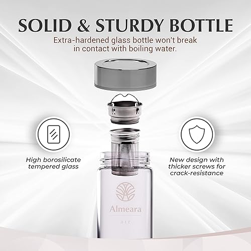 Miniatura 3 de Botella de Agua de Cristal Almeara con Piedras Auténticas de Aguamarina y Cuarzo Transparente Extraíbles, Infusor de Té de Hojas Sueltas - Regalos