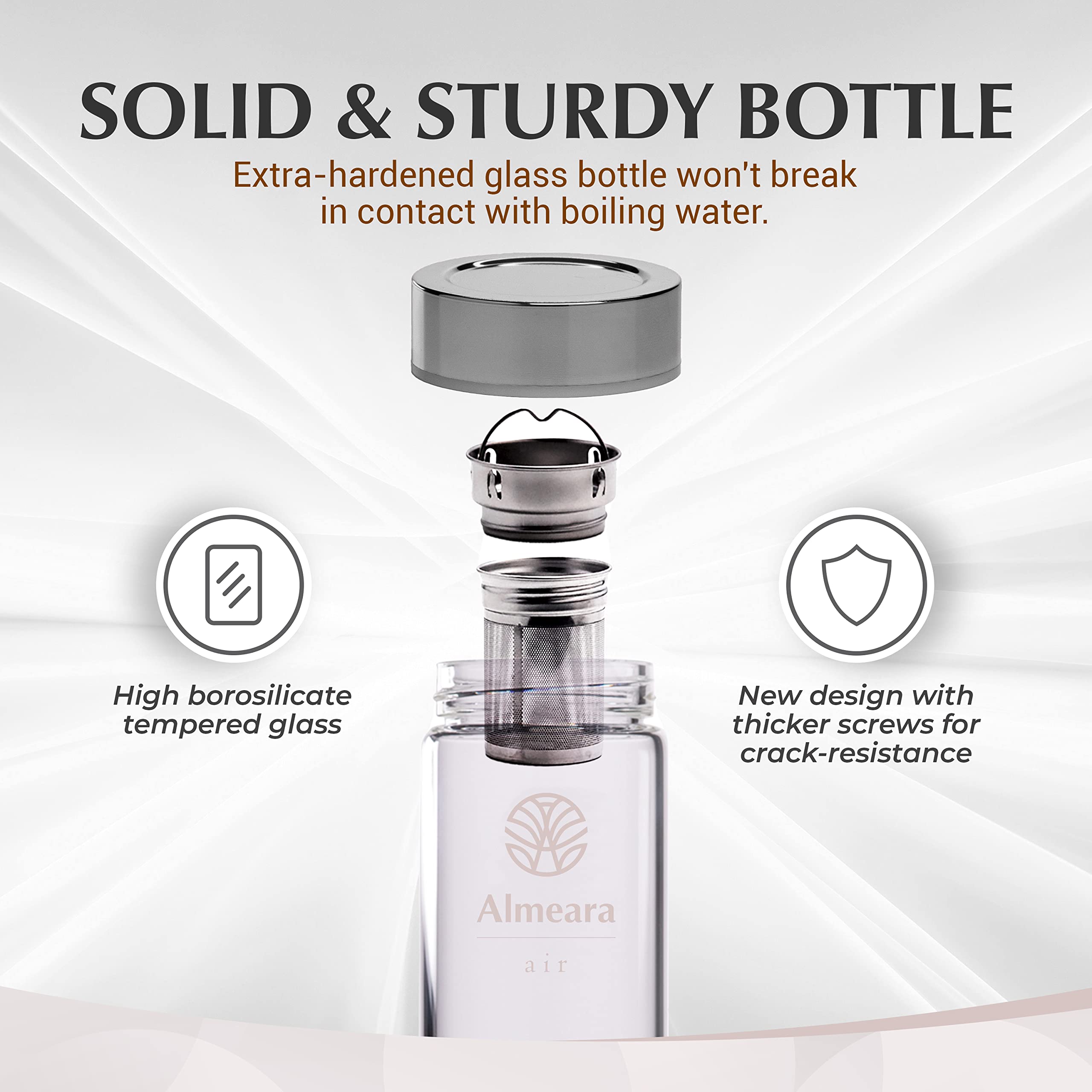 Almeara Botella de agua de cristal, botella de agua con infusión de elixir con gemas grandes, aire