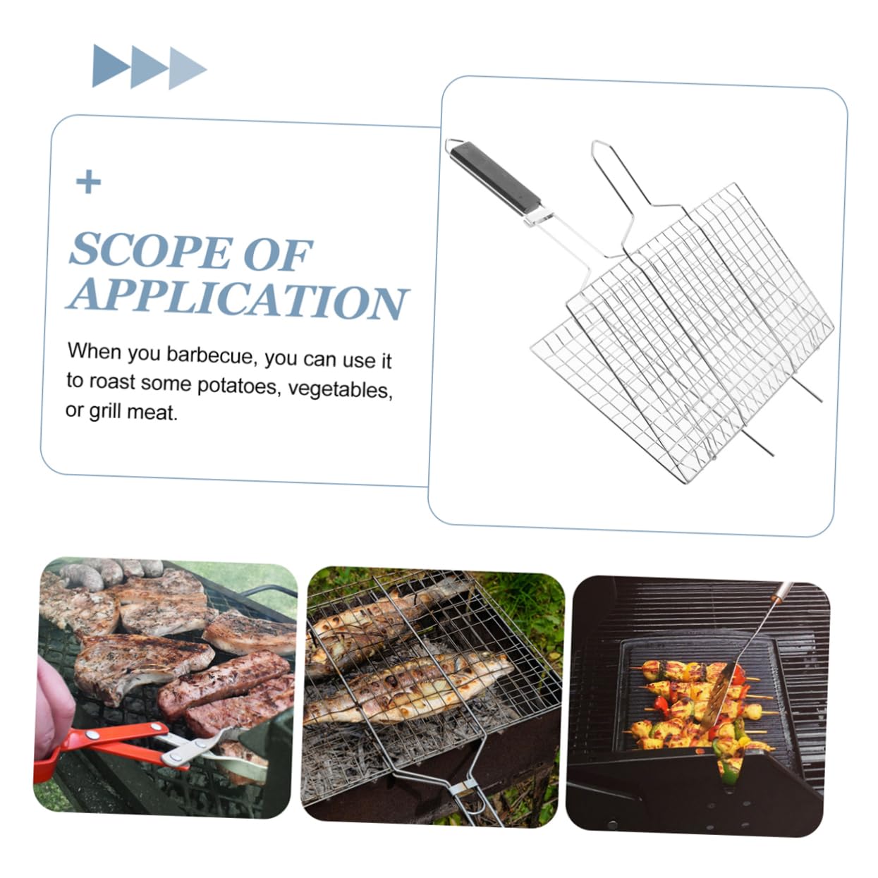 Cestello Griglia Barbecue Rettangolare in Acciaio Inox Nero | Manico in Legno, Superficie Liscia e Riscaldamento Uniforme, per Cottura Domestica e Barbecue All'aperto