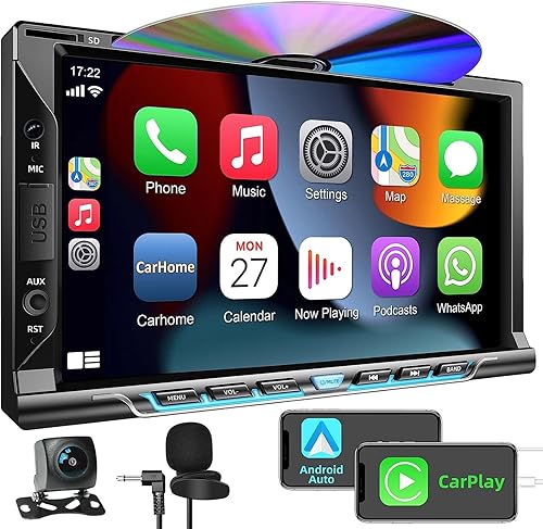 Estéreo de auto doble DIN con reproductor de CDDVD, CarPlay y Android Auto, audio para automóvil con Bluetooth, pantalla táctil HD de 7 pulgadas,