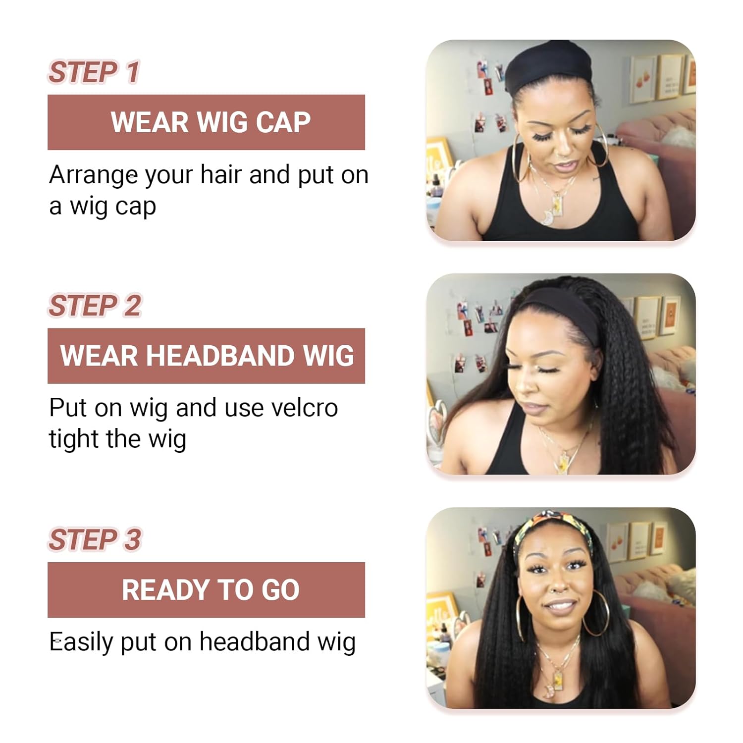 Straight Headband Wig Half Wig Wear and Go Glueless Wigs for Black Women 180% Density Natural Looking as Human Hair Synthetic Wigs for Daily Party Use (Natural, 26 Inch)