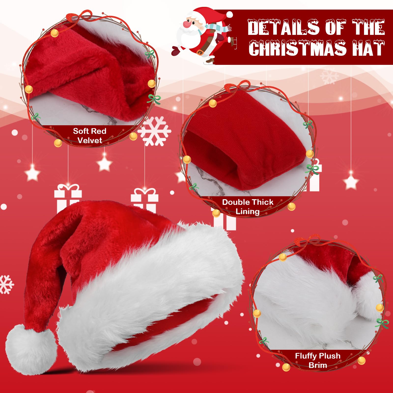 Czyan 2 Pack Santa Hat for Adults, Classic Stretchable Velvet Christmas Hats with White Fluffy Pom Pom and Brim - Image 2