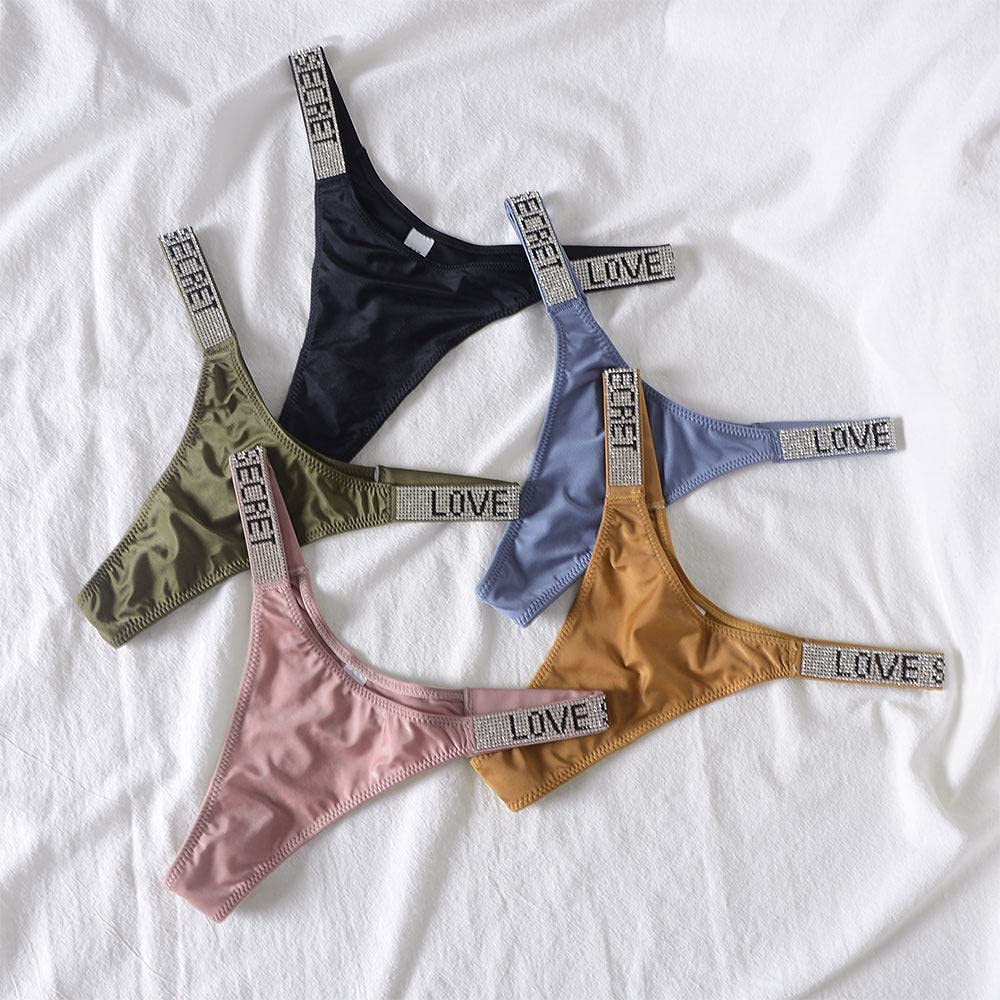 YUHOOE 5Pcs Femmes Sexy Strings Cristal Strass Culottes sous-Vêtements Couleur Unie Taille Basse Hip Lift Gym Fitness Push Up G-String Hipster Bikini Culotte, Multicolore, S