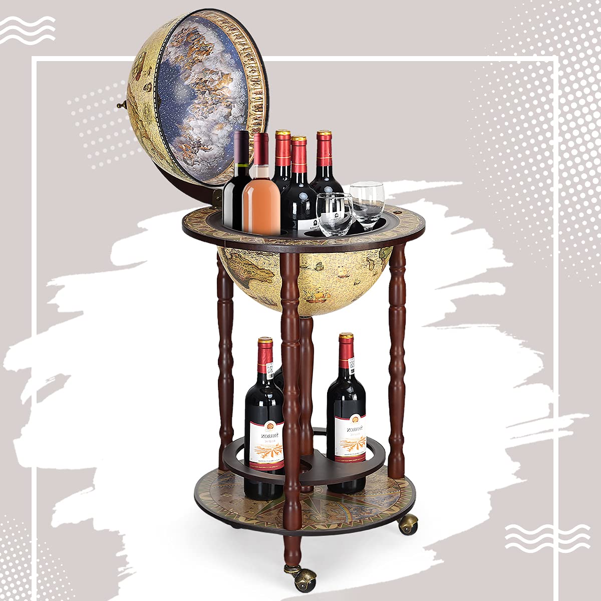 GOPLUS Bar Globe Terrestre Style Vintage en Bois d'Eucalyptus φ45CM, Chariot de Bar Géant Forme de Globe 2 Niveaux avec 3 roulettes et Couvercle Hauteur 88 CM pour Bouteille, Vin et Verres (Blanc)