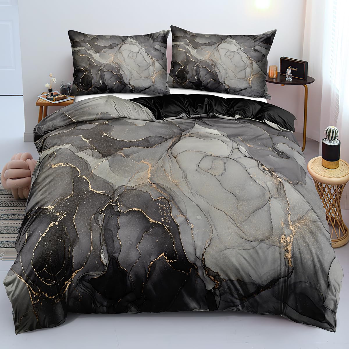 Luowei Bettwäsche 135x200cm Schwarz Marmor Optik Teenager Bettbezug Set Modernes Weiche Elegante Schlafzimmer Bettwäsche mit Reißverschluss und 1 Kissenbezug 80×80cm