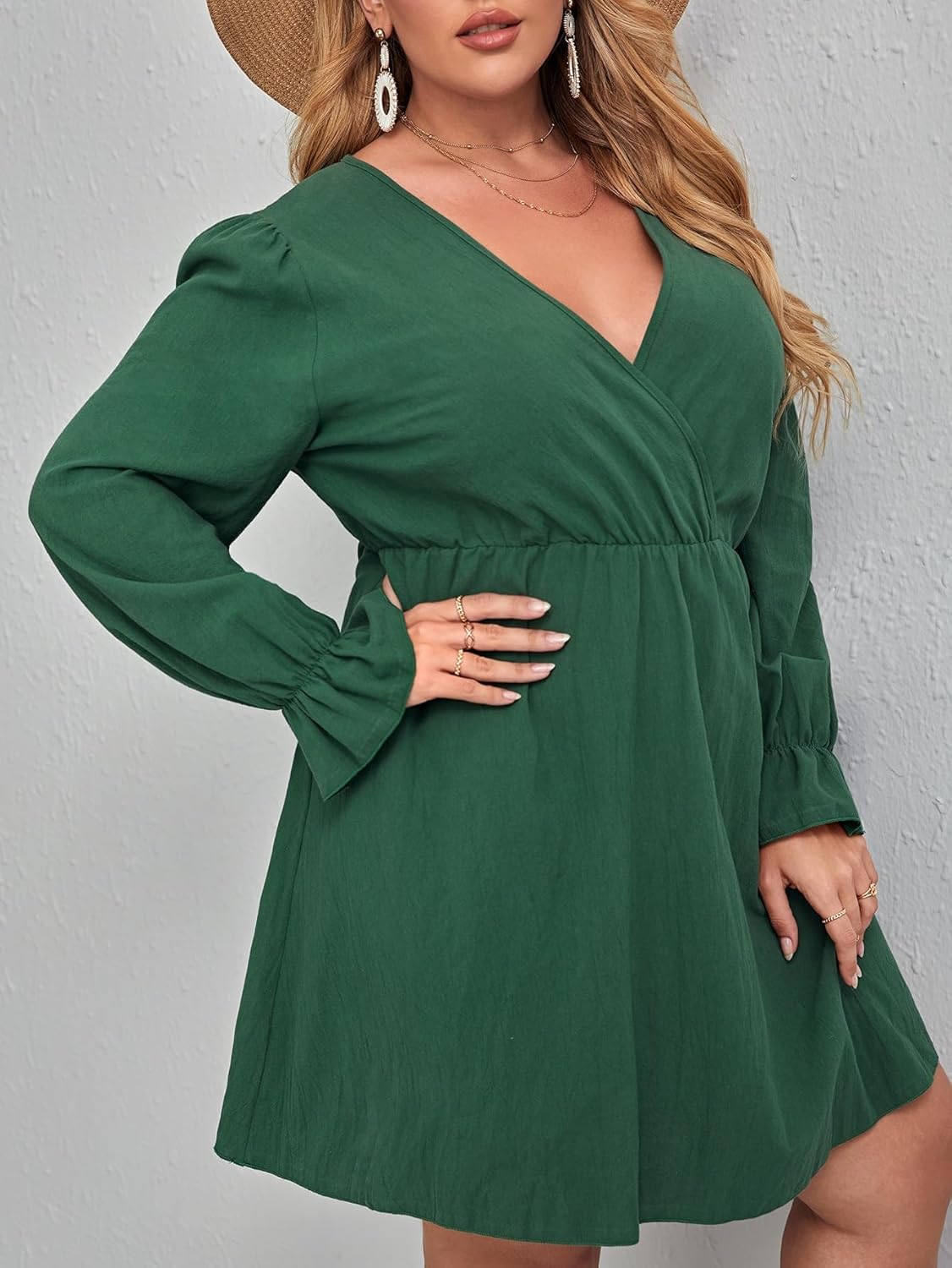 Wrap Dress for Women Plus Size with Long Sleeve, Green Knee-Length V-Neck Party Dress for Wedding Guest - Image 7