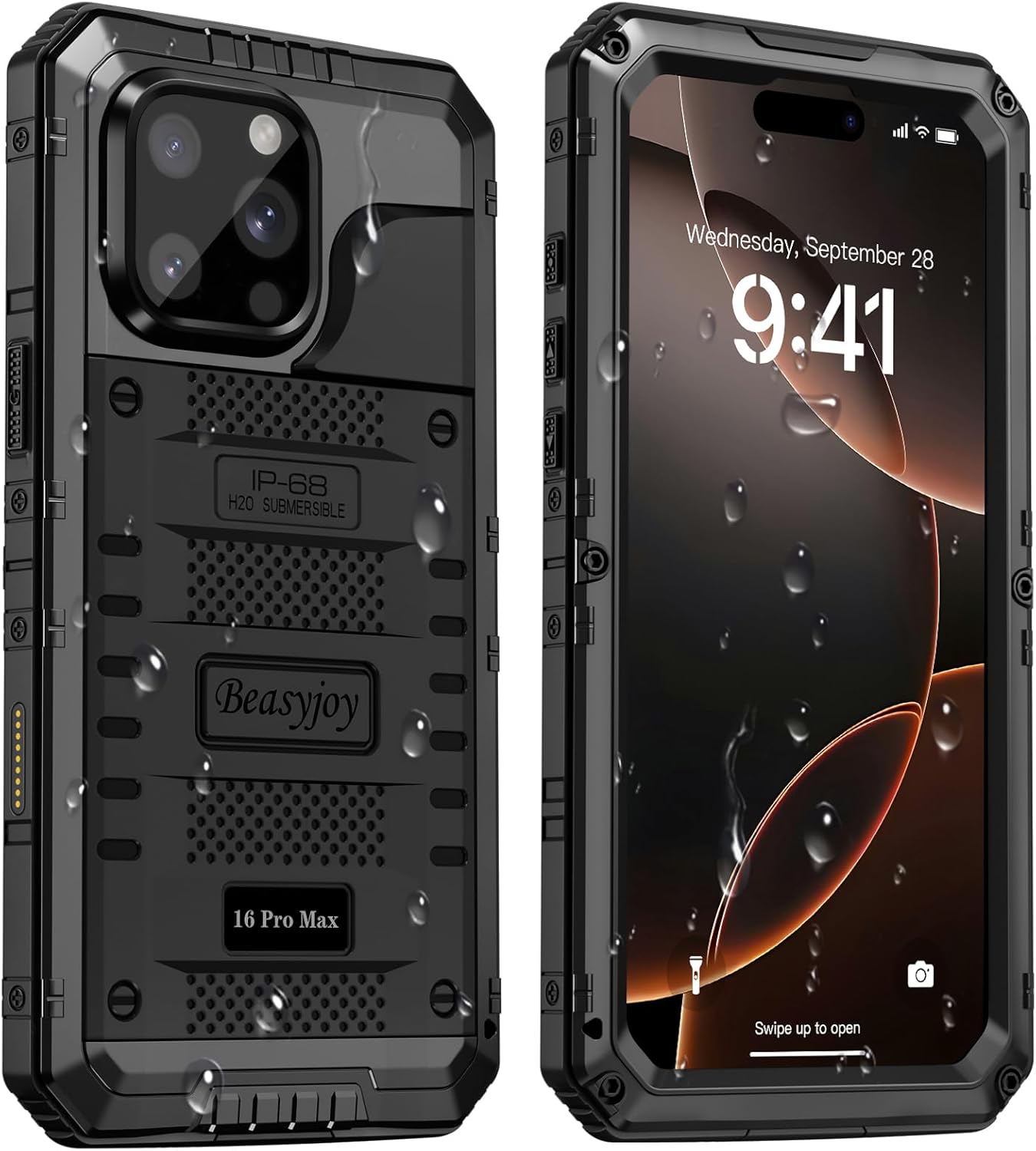 Beasyjoy for iPhone 16 Pro Max Case Waterproof, Metal Heavy Duty Full Body Protective Case with Built-in Screen Protector, Military Grade Shockproof Defender Cover for iPhone 16 Pro Max 6.9", Black