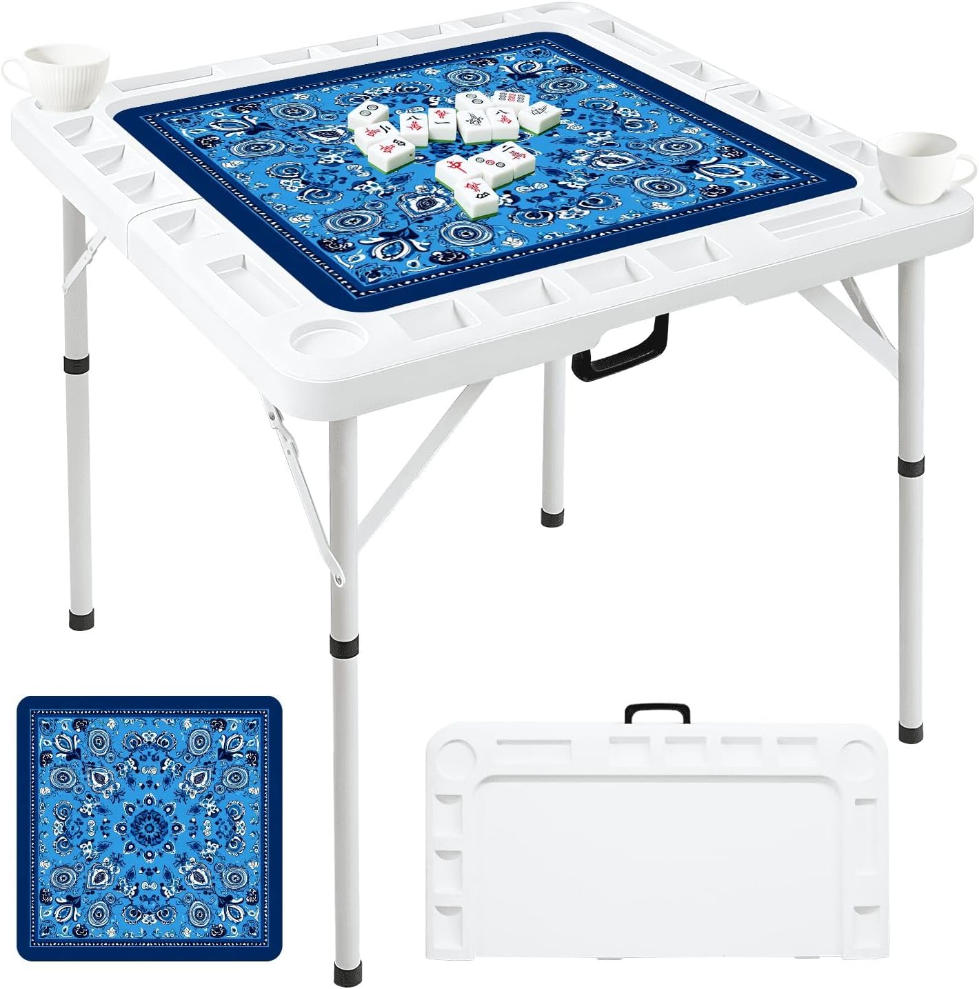 Folding Mahjong Table with Blue Paisley Bandana Floral Elements Swirling Designs Wear-Resistant Mahjong Mat, 4 Cup Holders & Chip Trays for 4 Players Square Portable Card Table for Poker Domino