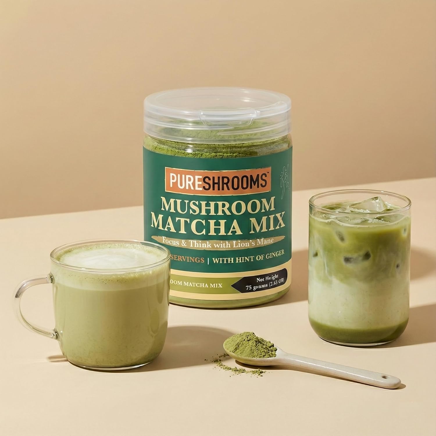 Organic Mushroom Matcha Green Tea Mix - Focus & Think with Ultra Concentrated Lion's Mane Mushroom Extract 10:1, Hint of Ginger Root Powder (Focus & Think Matcha, 37 Servings)