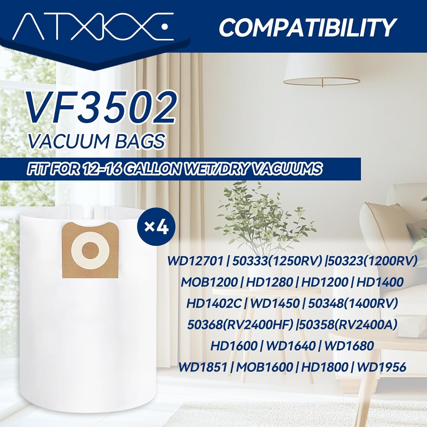 ATXKXE VF6000 Wet or Dry Replacement Filter for Ridgd 5-20 Gallon Vacuums WD5500 WD0671 WD6425 WD7000 WD1280 WD1851 WD1680 WD1956 RV2400A 1400RV RV2600B,2 Pack VF6000 Filters + 4 Pack VF3502 Bags