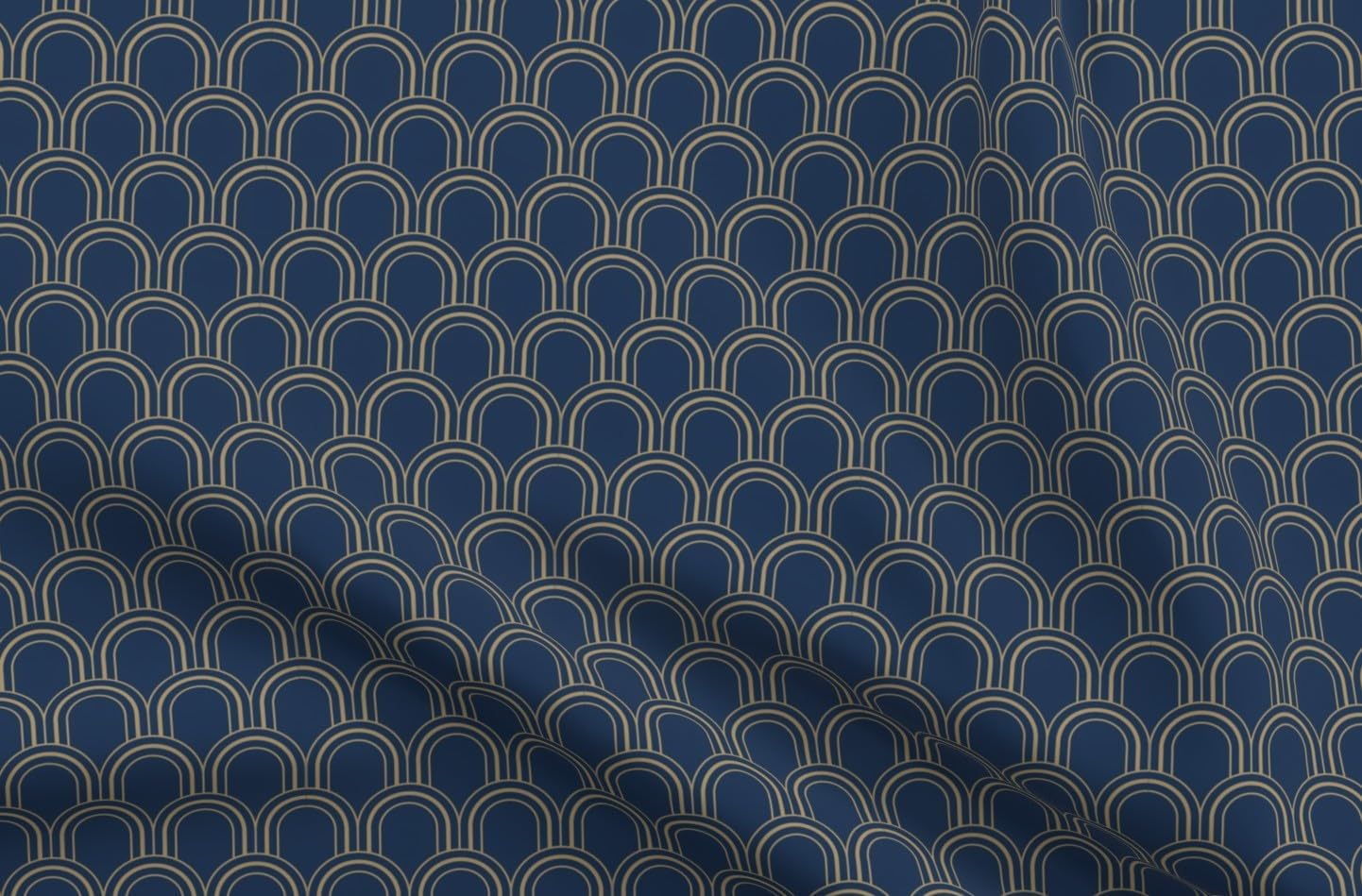 Spoonflower Fabric - Blue Art Deco Vintage Gold Geometric Wallpaper Scallop Navy Fans Printed on Petal Cotton Fabric Fat Quarter - Sewing Quilting Apparel Crafts Decor