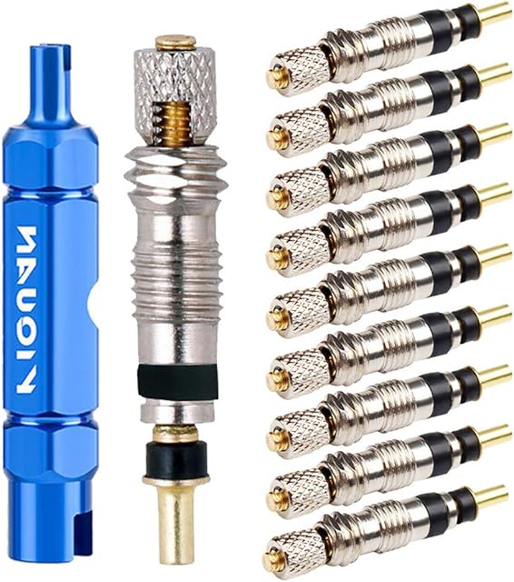 kuou 10pcs Presta Valve Cores, Replacement Bicycle Presta Valve Remover Tool Kit, Copper Tubeless Presta Valve Core For Universal Road Bike Car Includes Valve Wrench