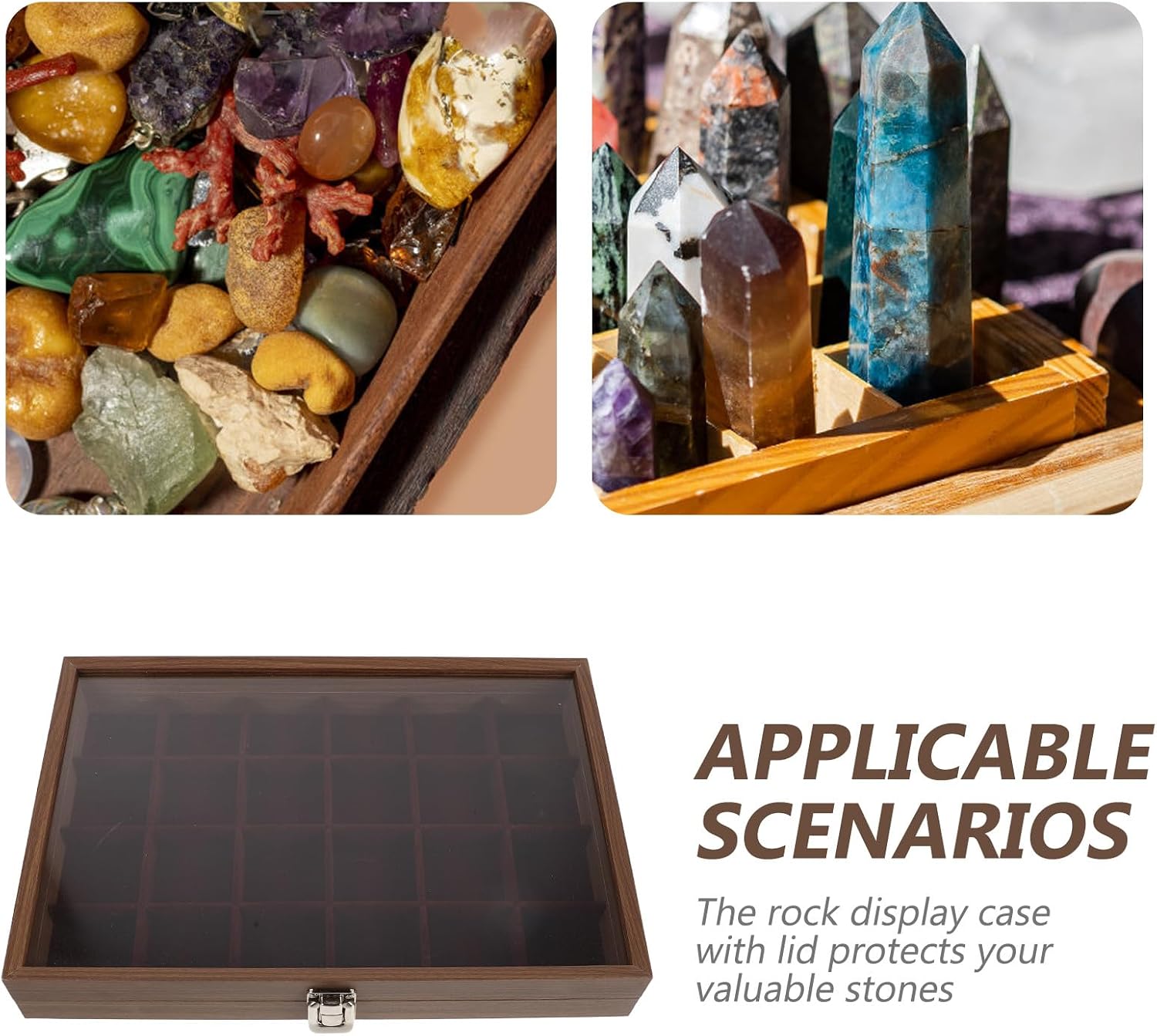 Rock Display Case, 24 Compartment Gemstone Organizer Storage Box with Clear Lid, Crystal Collection Container for Mineral Specimens And Stone Displays