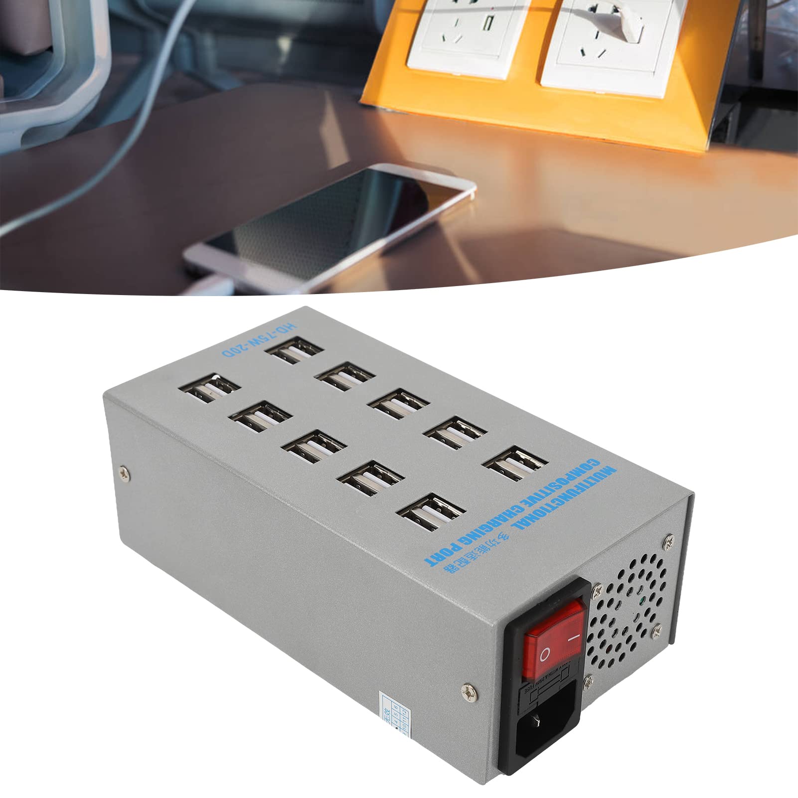 HD 75 20D koncentrator USB z zasilaniem, 20-portowy rozdzielacz USB, wielofunkcyjna stacja ładująca z cichym wentylatorem, uniwersalna konstrukcja wejściowa do telefonów, tabletów, aparatów