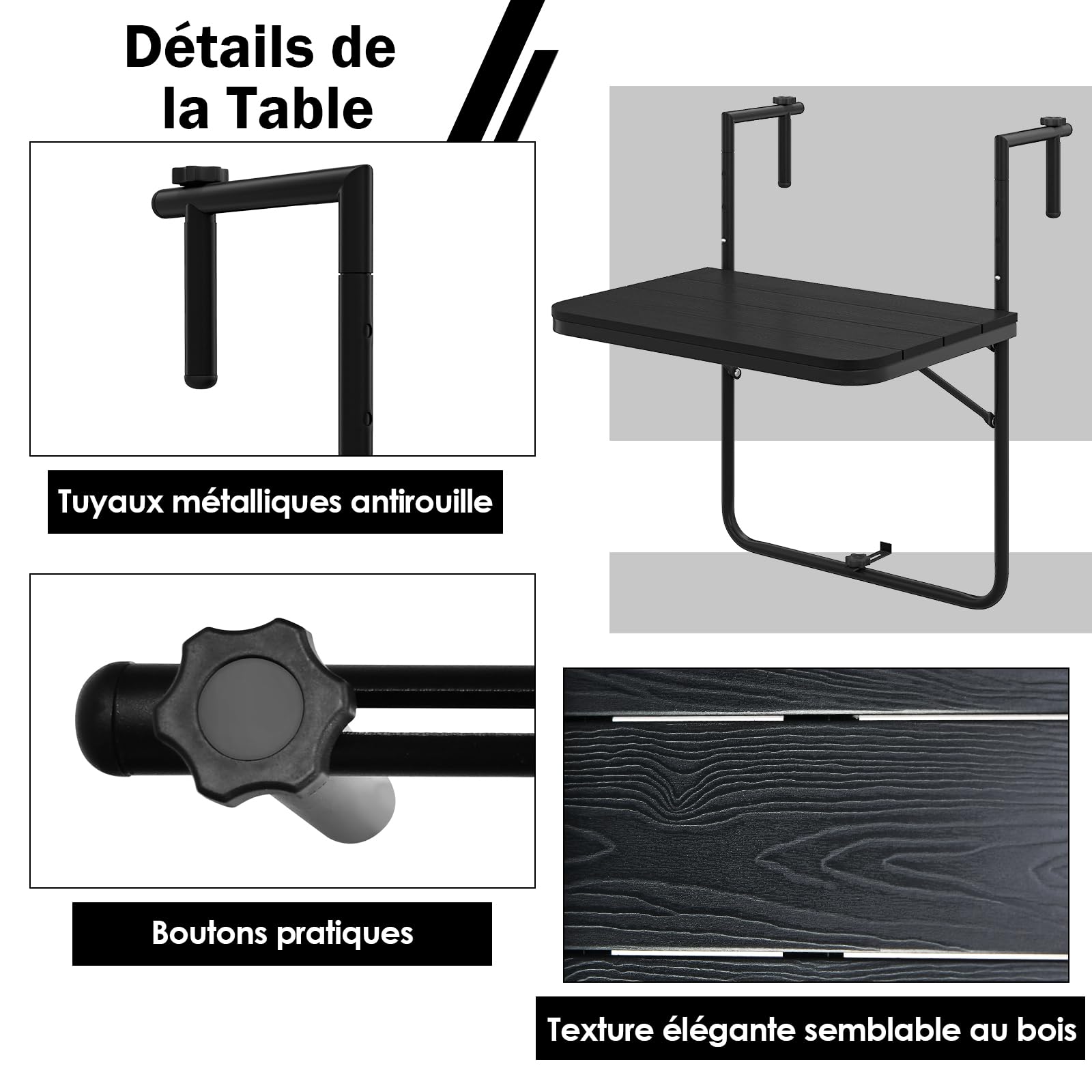 GIANTEX Table de Balcon Suspendue Pliable, Table Suspendue Rabattable et Hauteur Réglable, Résistante aux Intempéries, Charge 30 kg, pour Balcon, Terrasse, Jardin, 62,5 x 60 x 84 cm, Noir