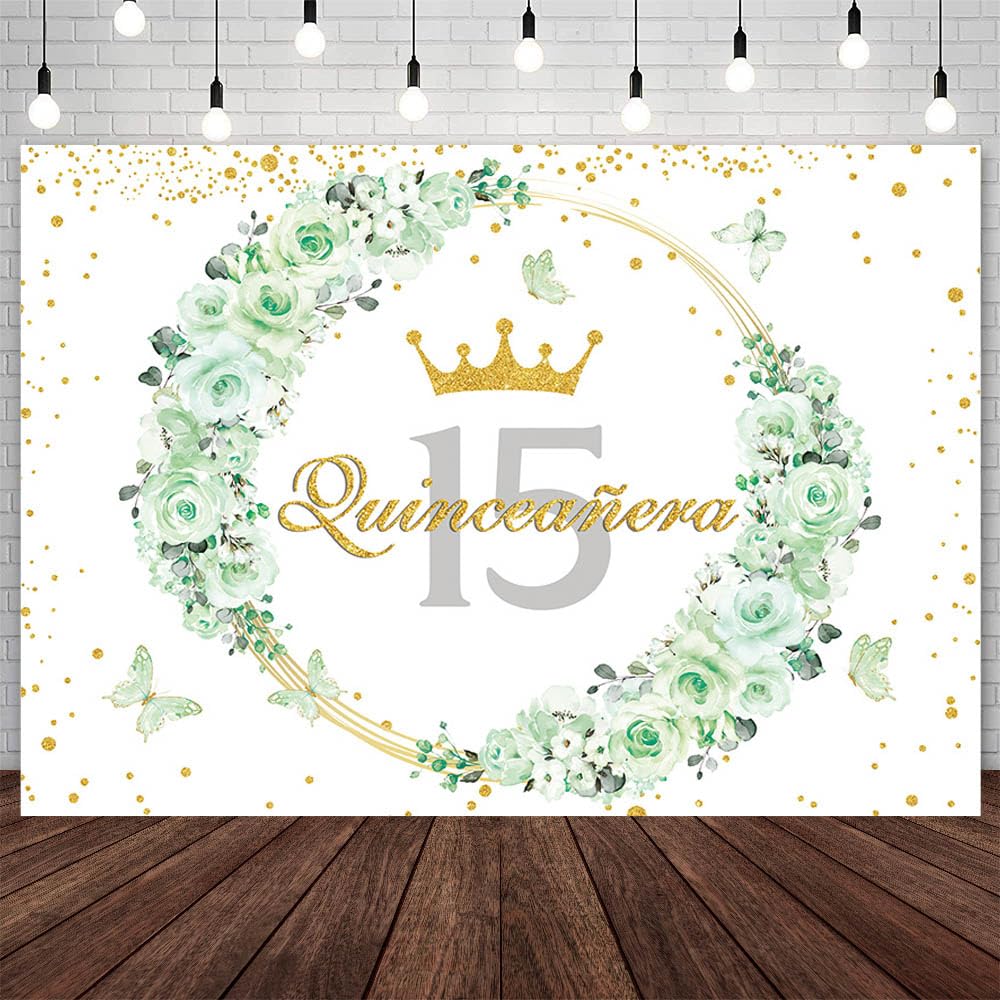 AIBIIN 7x5ft Quinceañera 15 Birthday Backdrop for Girl Mexico Mis Quince Anos 15th Birthday Photography Background Sage Green Floral Crown 15th
