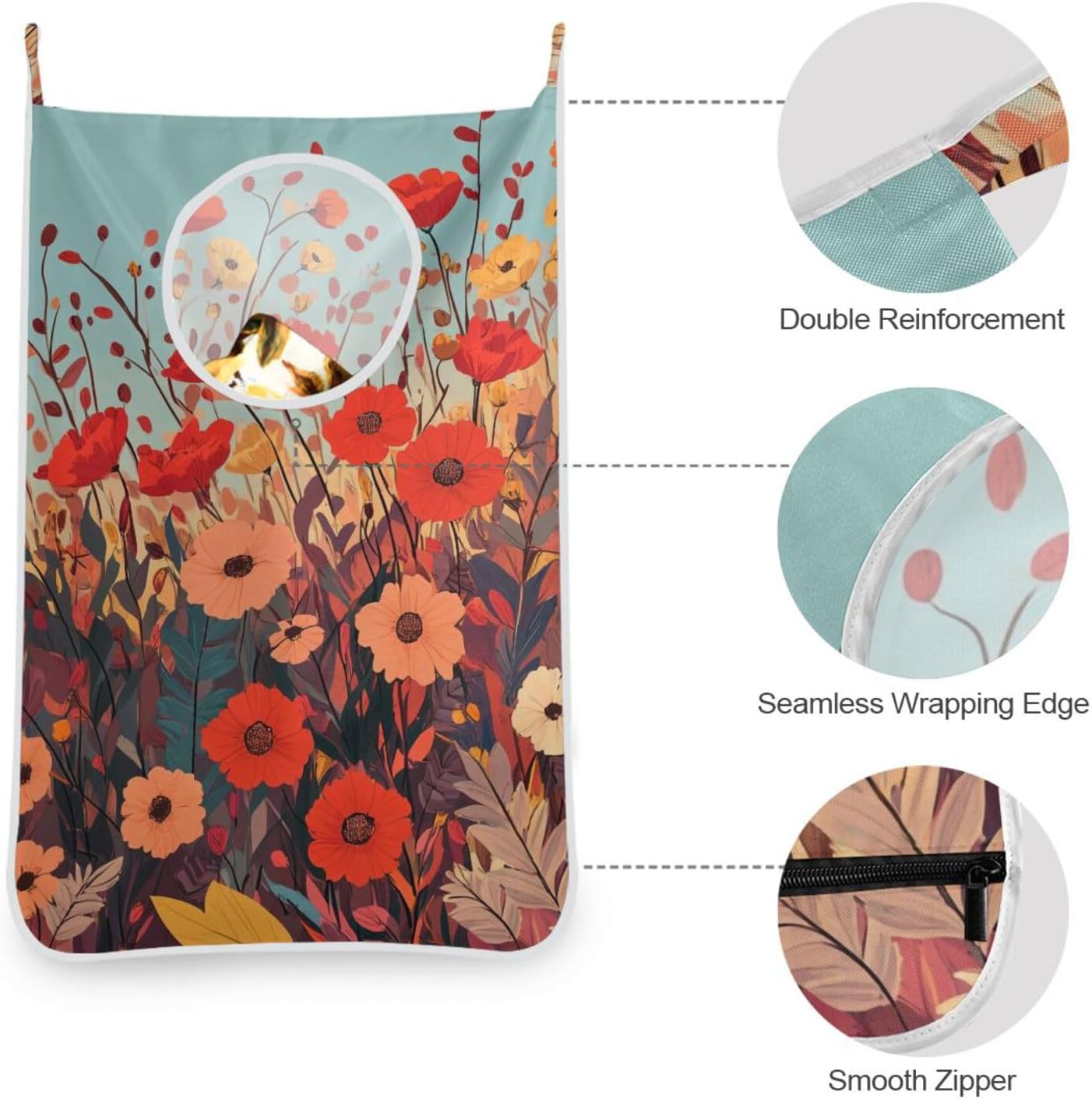 Hanging Laundry Hamper Over the Door Laundry Basket with Stainless Steel Hooks for Dirty Clothes 29.5x20Inch 2PCS Autumn Poppy Flowers