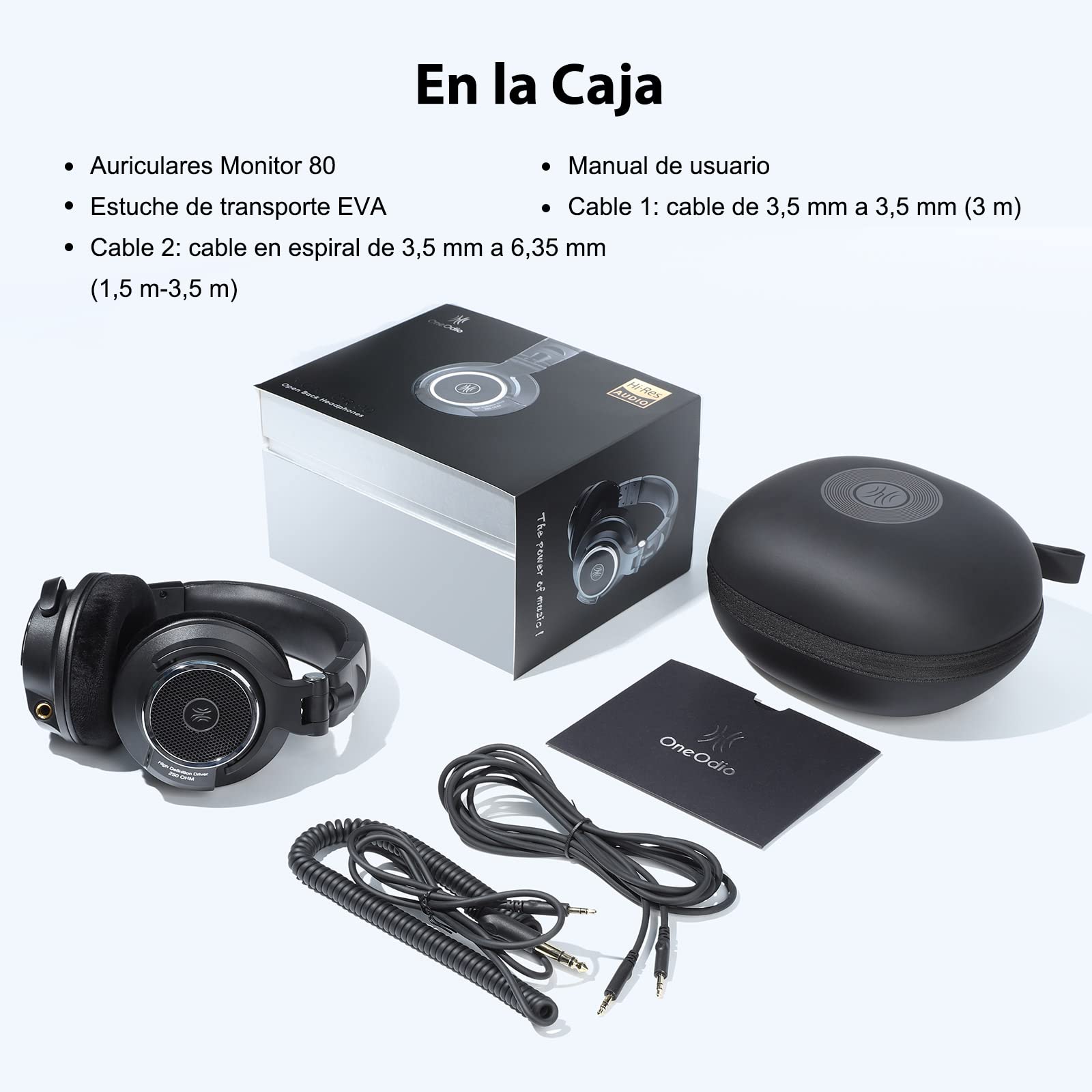 OneOdio Monitor 80-Auriculares Profesionales de Estudio Abiertos de 250 Ω, Cascos Hi-Res con Cable Desmontable (3,5 mm / 6,35 mm), Audífonos para Mezclar Masterizar Editar, Almohadillas de Terciopelo