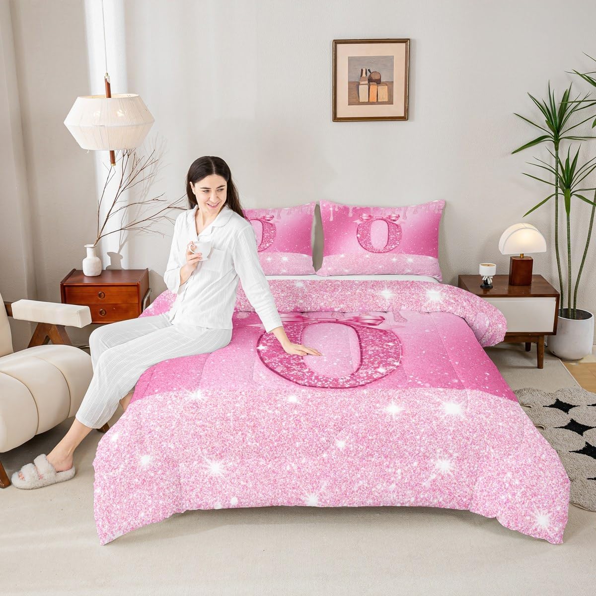 jejeloiu Pink Glitter Bow Comforter Set Twin Size Coquette Bowknot Birthday Month Bedding Set for Boys Girls Cute Themed Duvet Quilt Personalized Number 0 Anniversary Decor 2 Pcs with 1 Pillow Cases