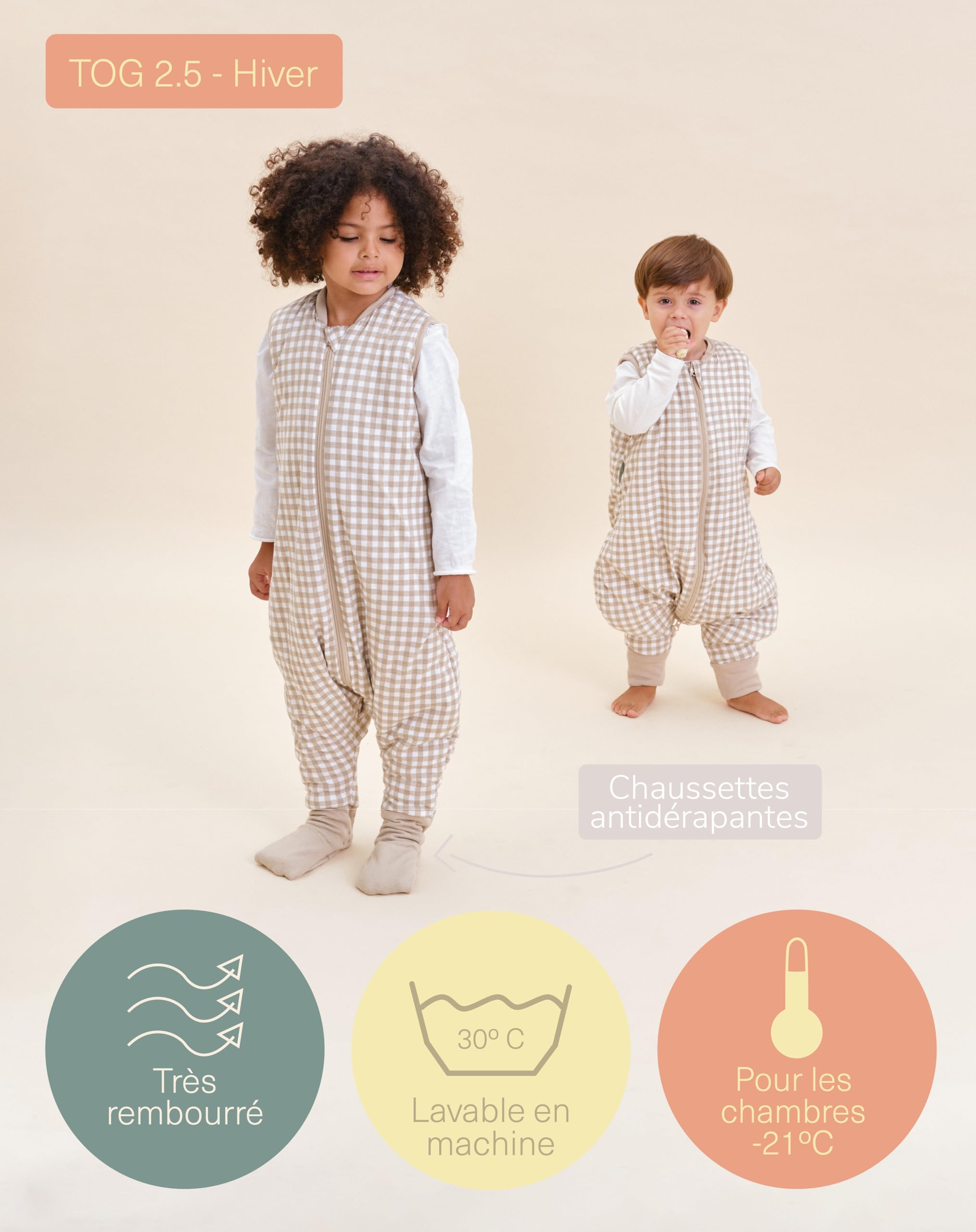 molis&co - Gigoteuse pour bébé avec Pieds et Chaussette - Gigoteuse Tog 2.5 - Turbulette Hiver pour Bébé, Fille Garçon - 100% Coton (certifiée Oeko-TEX) - Vichy Beige (2 Ans)